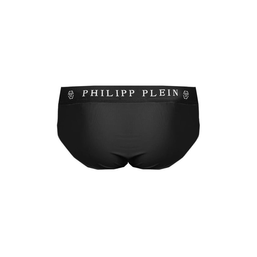Black Polyamide Men SwimwearDive into luxury with Philipp Plein’s sleek men’s swim briefs. Designed for the man who commands attention, these swim bottoms are crafted from a premium blend of polyamide and elastane that contours and comforts. Featuring a b