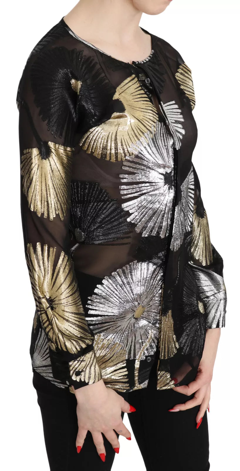 Schwarze Seidenbluse mit Gold- & Silber-Jacquarddetails