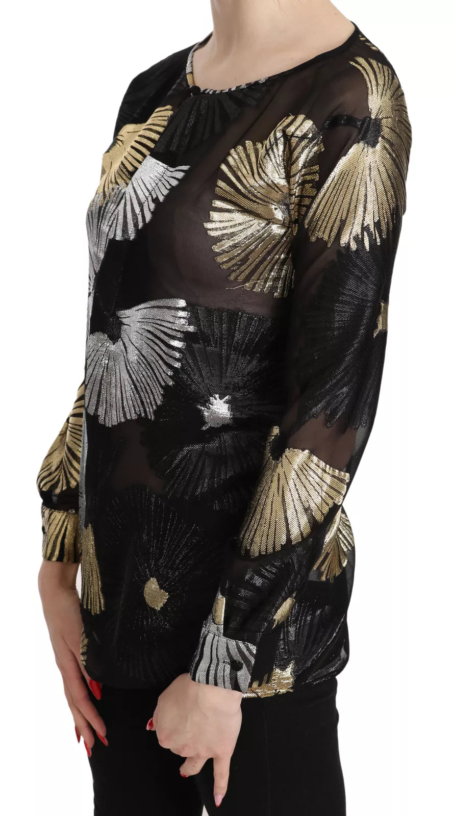 Schwarze Seidenbluse mit Gold- & Silber-Jacquarddetails