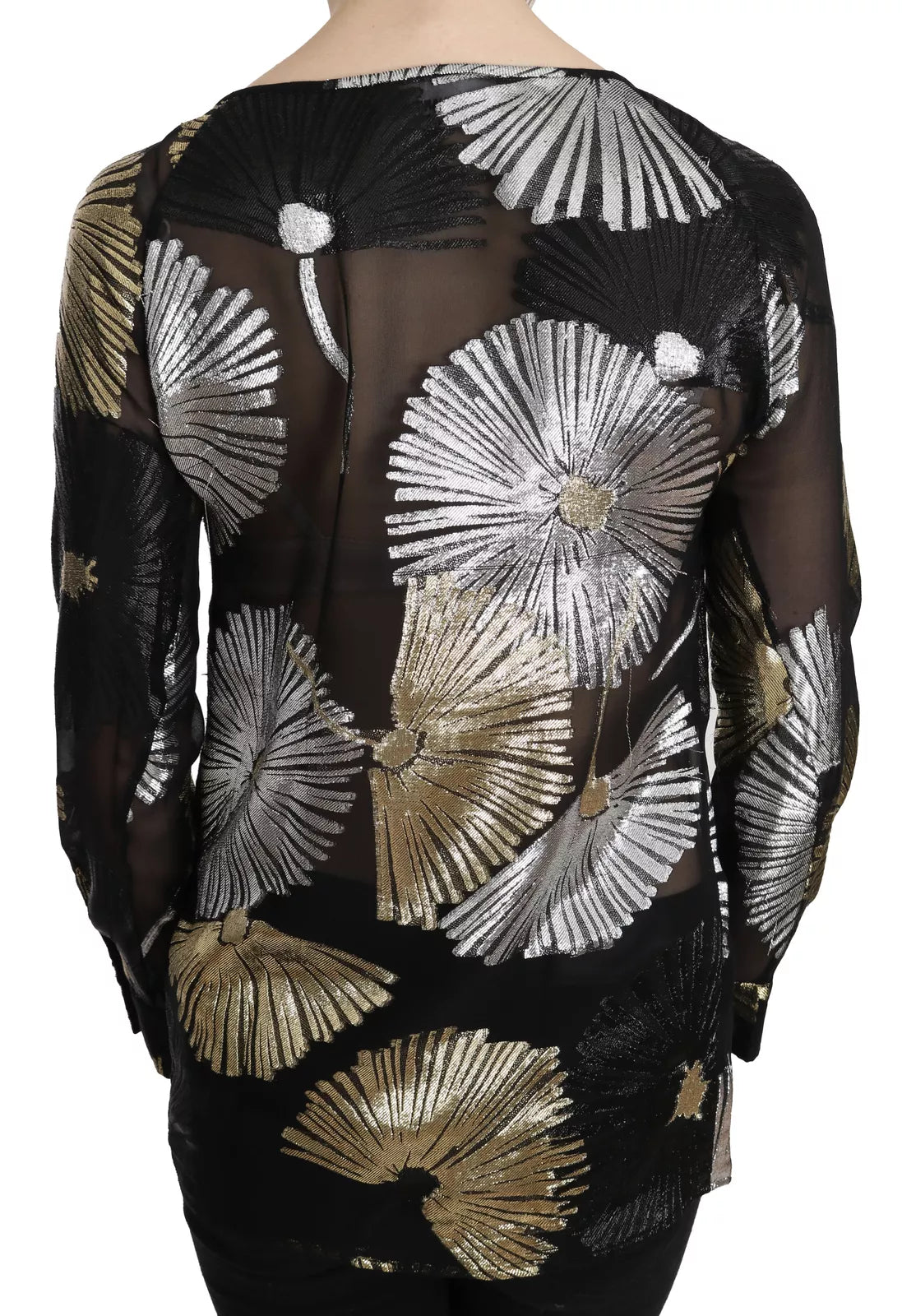 Schwarze Seidenbluse mit Gold- & Silber-Jacquarddetails