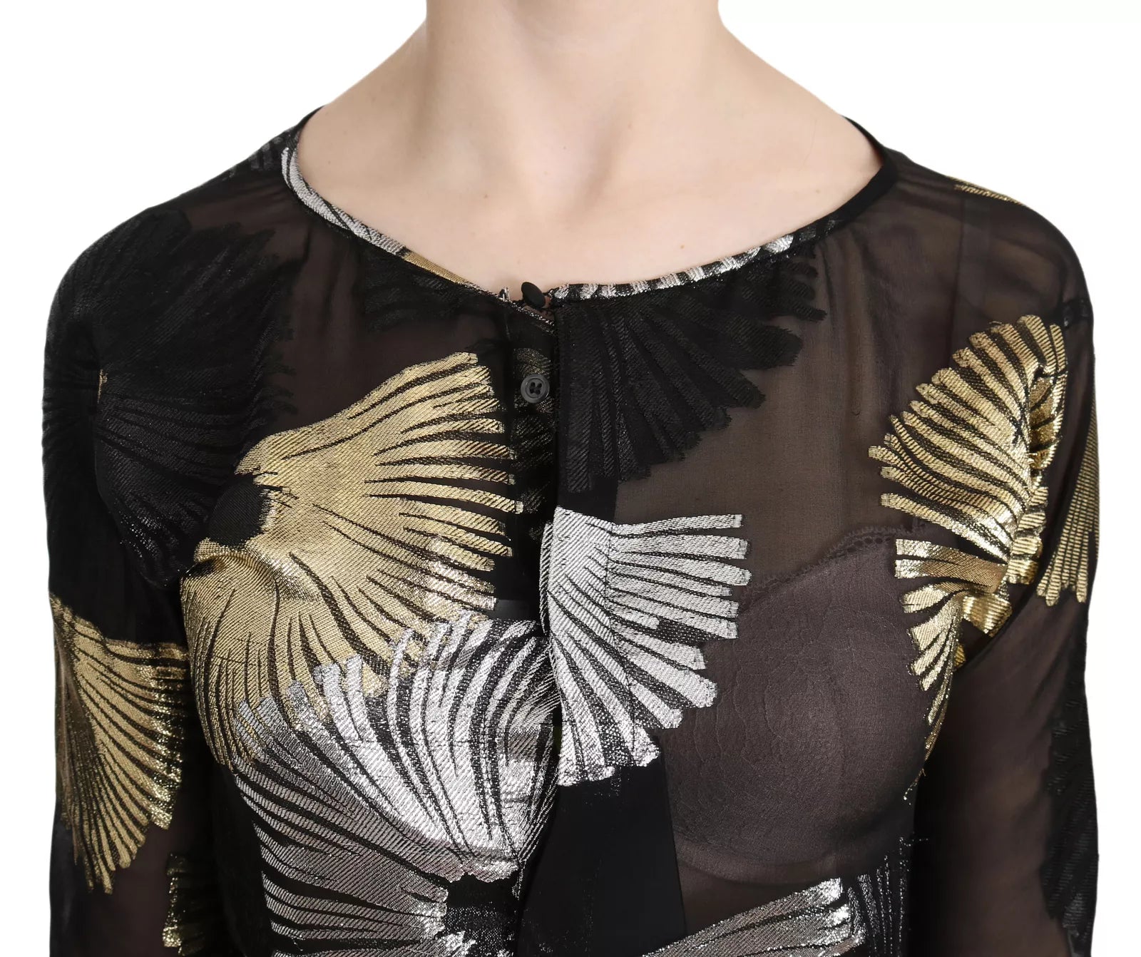 Schwarze Seidenbluse mit Gold- & Silber-Jacquarddetails