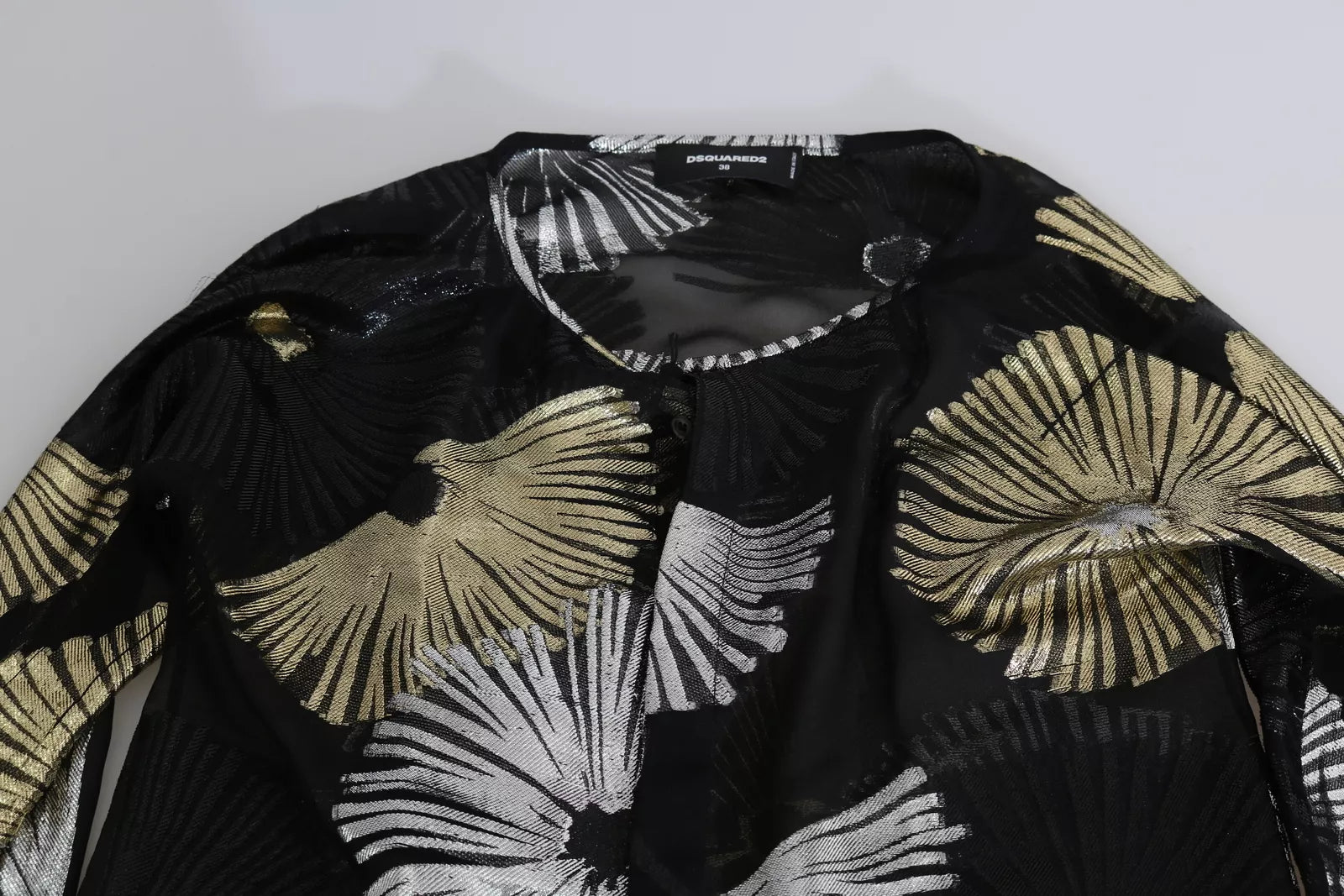 Schwarze Seidenbluse mit Gold- & Silber-Jacquarddetails