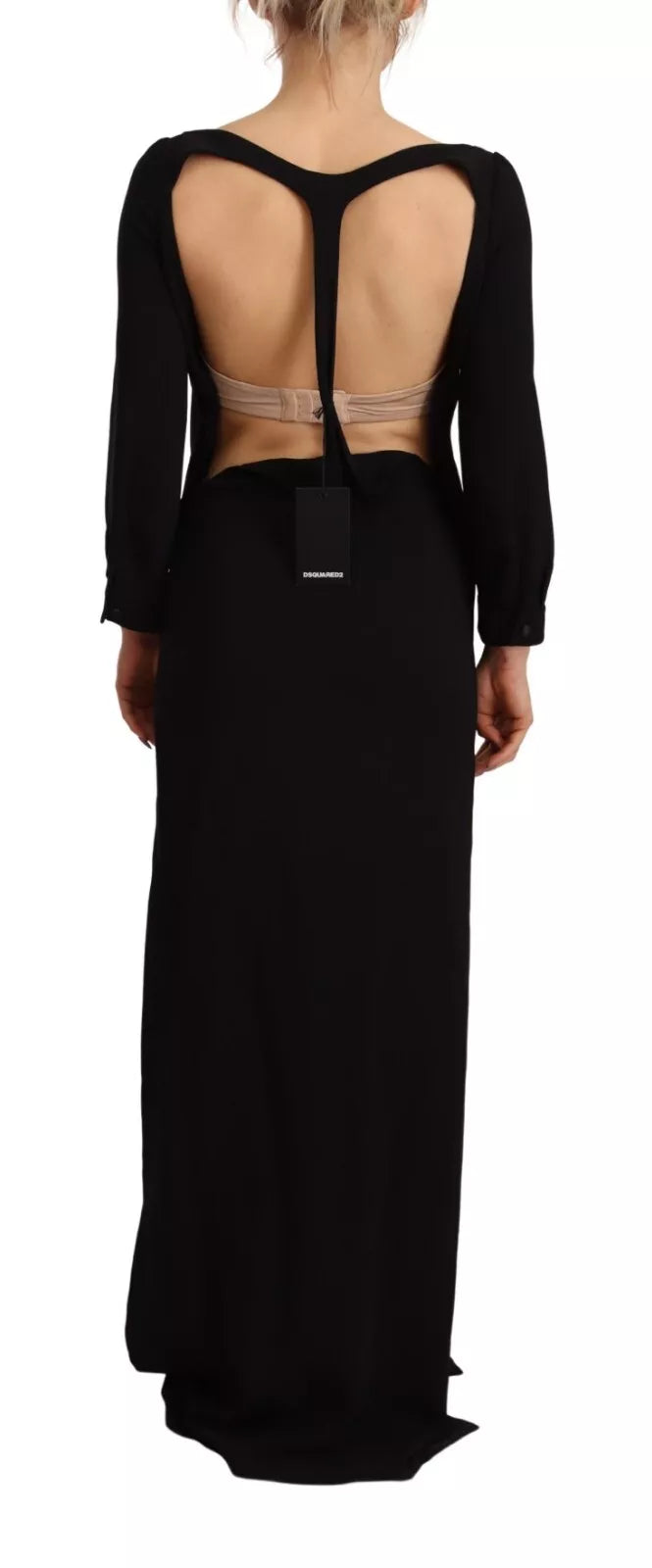 Robe noire à manches longues et fente latérale jusqu'au sol