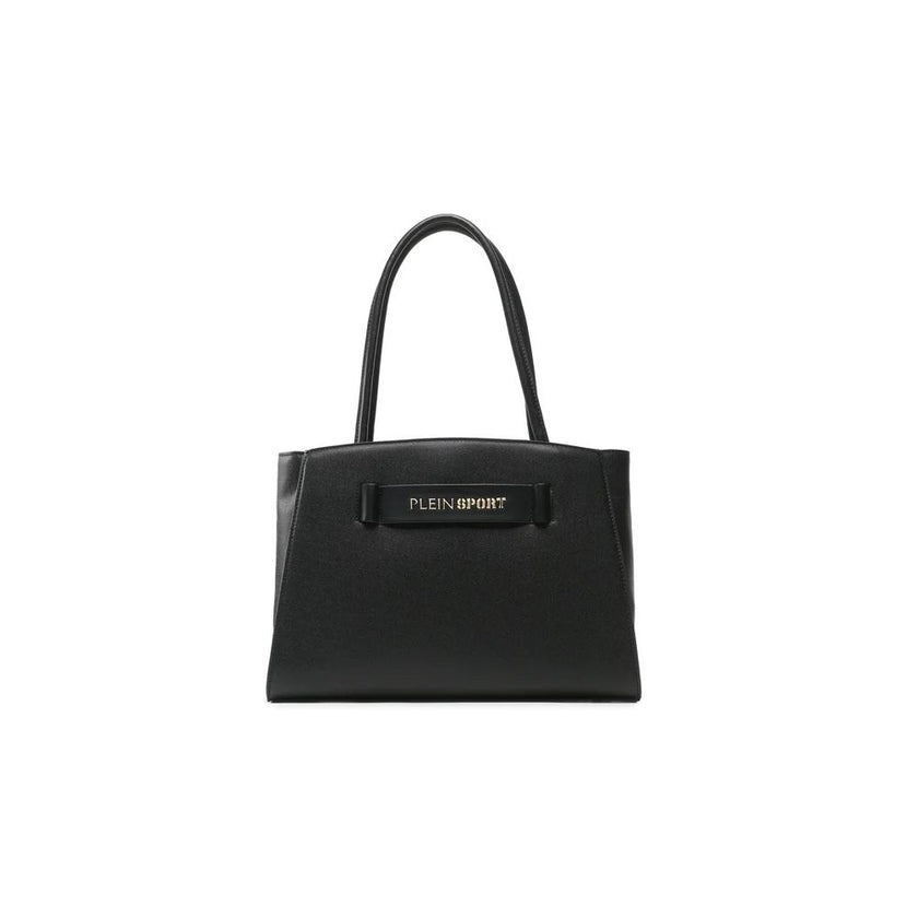 Chic Ebony Tote with Silver Logo AccentIndulge in the perfect blend of luxury and athleticism with the Plein Sport tote bag. Fashioned from durable eco-leather, this exquisite shopping companion boasts a striking silver-toned rubber logo that captures the
