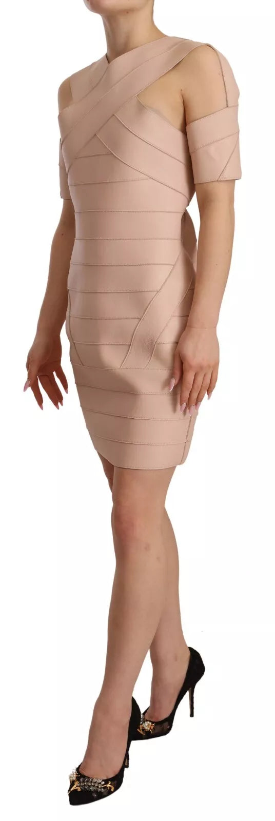 Beige Leather Mini Dress with Open Shoulders