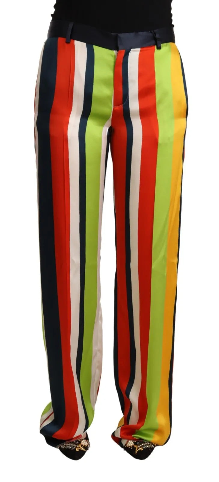 Pantalon droit taille mi-haute à rayures multicolores