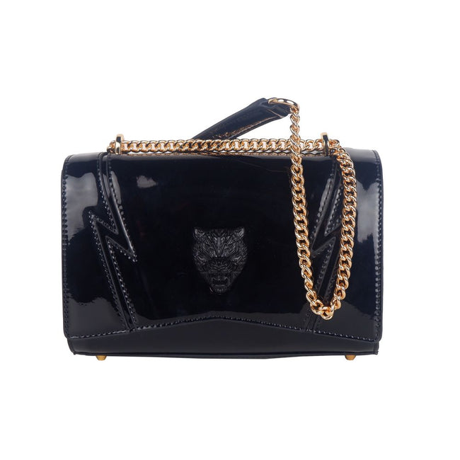 Black Polyethylene Women Crossbody BagDive into the world of high fashion with this audacious Plein Sport crossbody bag, perfect for those who dare to stand out. Exuding a patent leather finish with iconic brand logos emblazoned on both sides, this bag ma