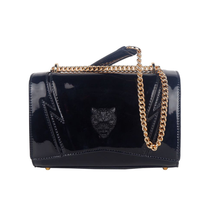 Black Polyethylene Women Crossbody BagDive into the world of high fashion with this audacious Plein Sport crossbody bag, perfect for those who dare to stand out. Exuding a patent leather finish with iconic brand logos emblazoned on both sides, this bag ma