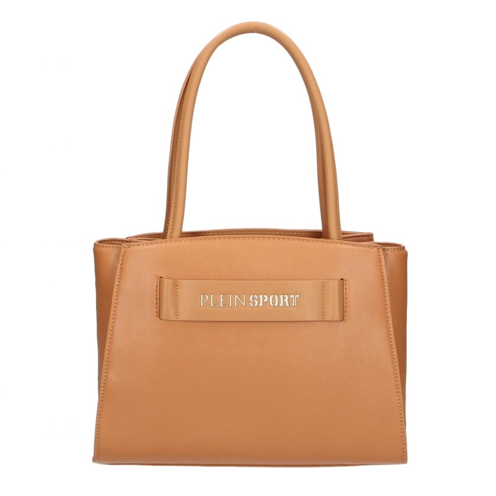 Brown Polyethylene Women Shoulder BagUnleash the urban allure of high-end athleticism with this Plein Sport tote bag. Crafted from durable polyethylene, it stands as a bold testament to luxury sportswear. The brown hue complements the striking silver-tone
