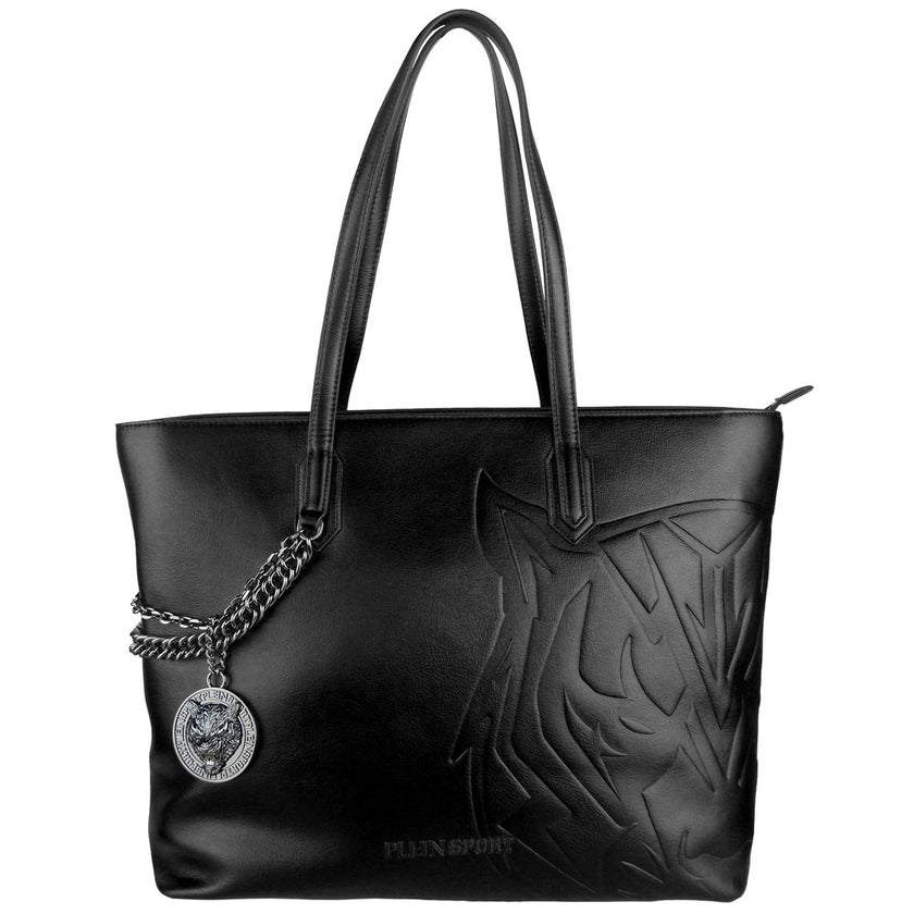 Black Polyethylene Women Shoulder BagUnleash your inner fashionista with the edgy sophistication of a Plein Sport shopping bag. Crafted from durable polyethylene, this bag exudes a daring, sport-luxe vibe in a sleek black hue. The decorative chain, adorne