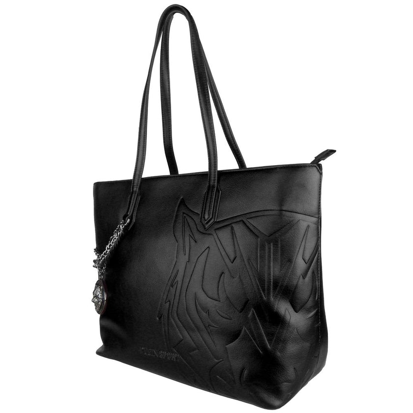 Black Polyethylene Women Shoulder BagUnleash your inner fashionista with the edgy sophistication of a Plein Sport shopping bag. Crafted from durable polyethylene, this bag exudes a daring, sport-luxe vibe in a sleek black hue. The decorative chain, adorne