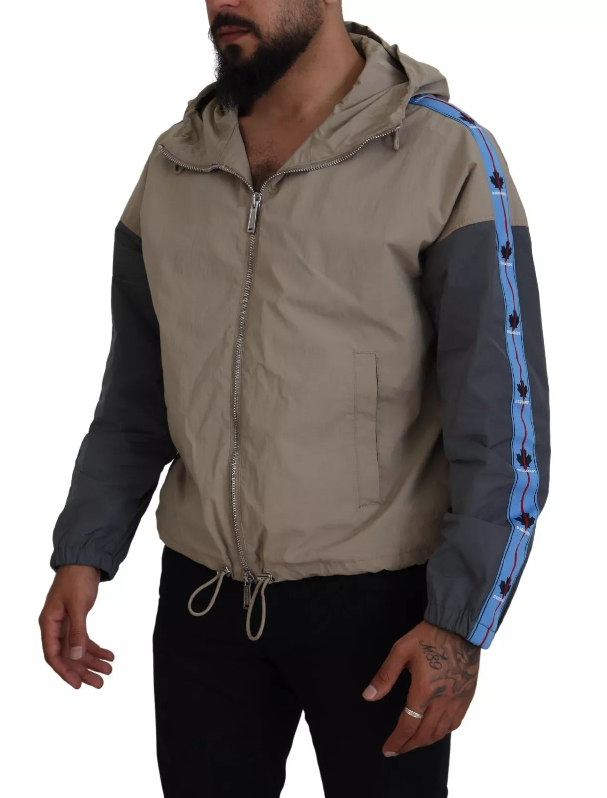 Veste à capuche zippée intégrale marron et grise à manches longues