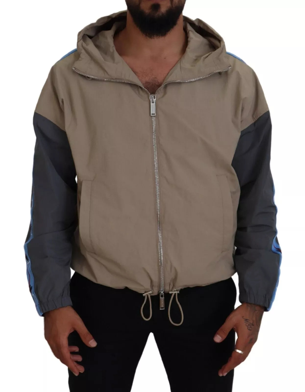 Veste à capuche zippée intégrale marron et grise à manches longues