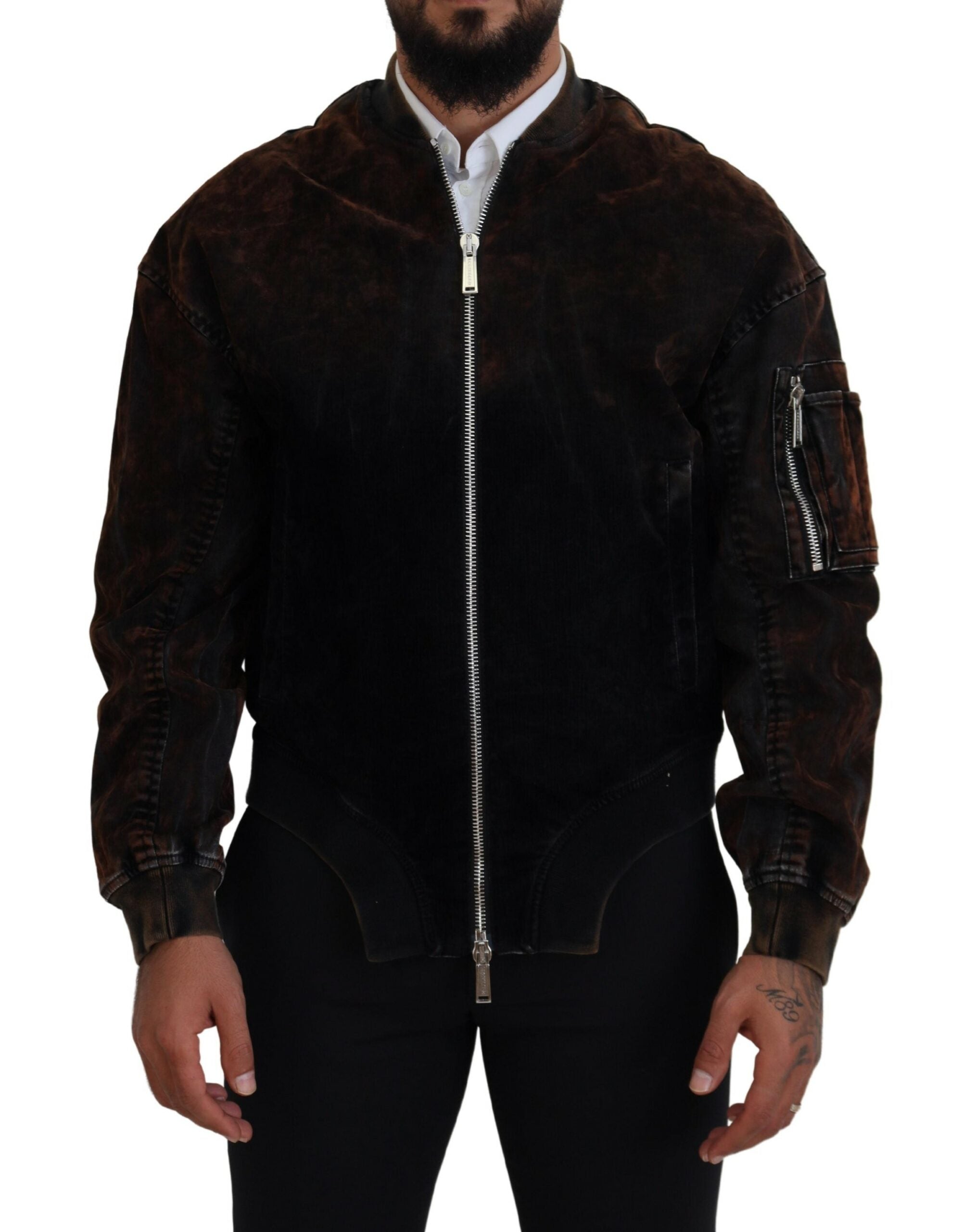Veste bomber marron en coton avec fermeture éclair et poches à manches