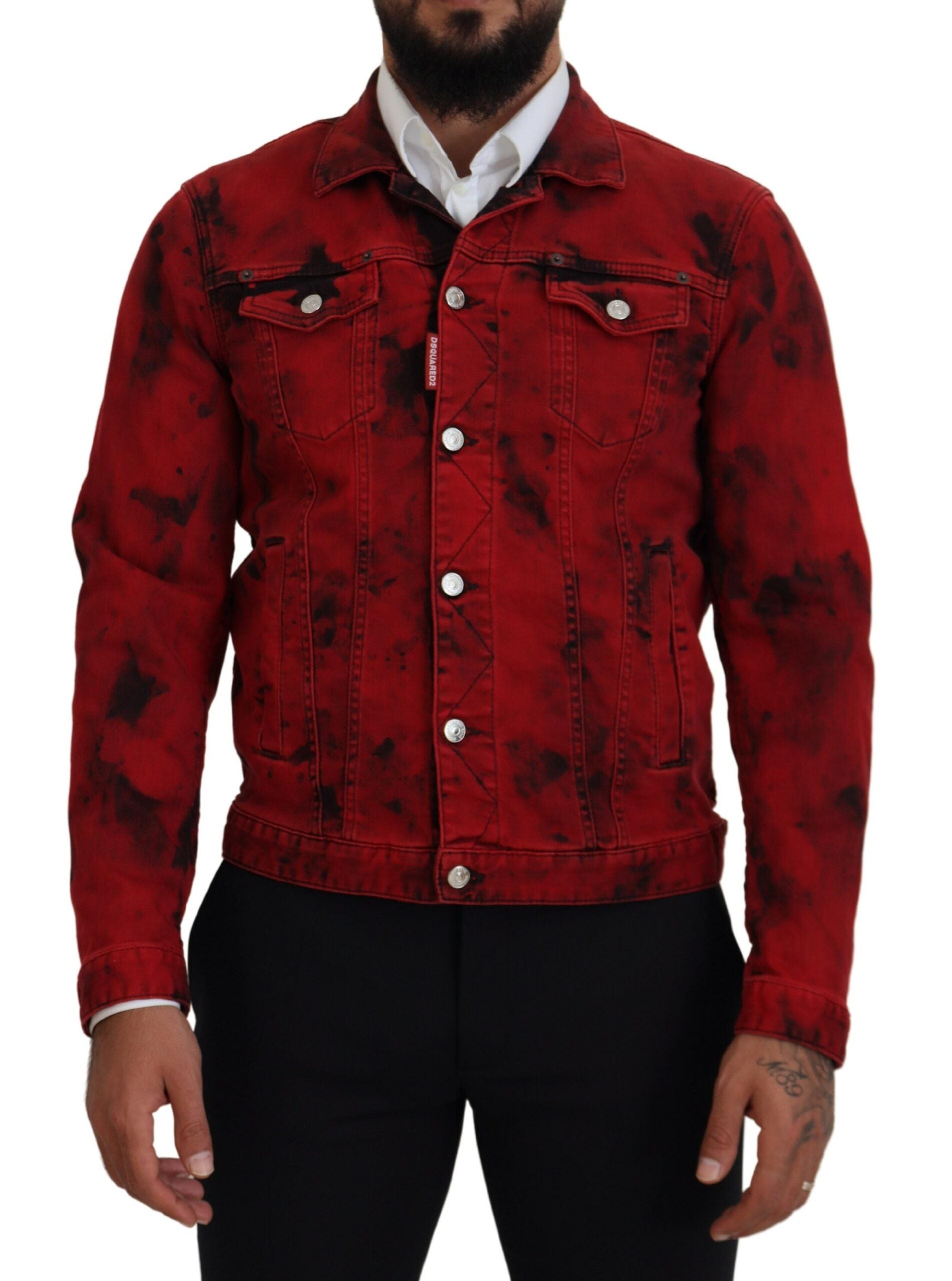 Veste en jean homme à col tie-dye rouge et noir
