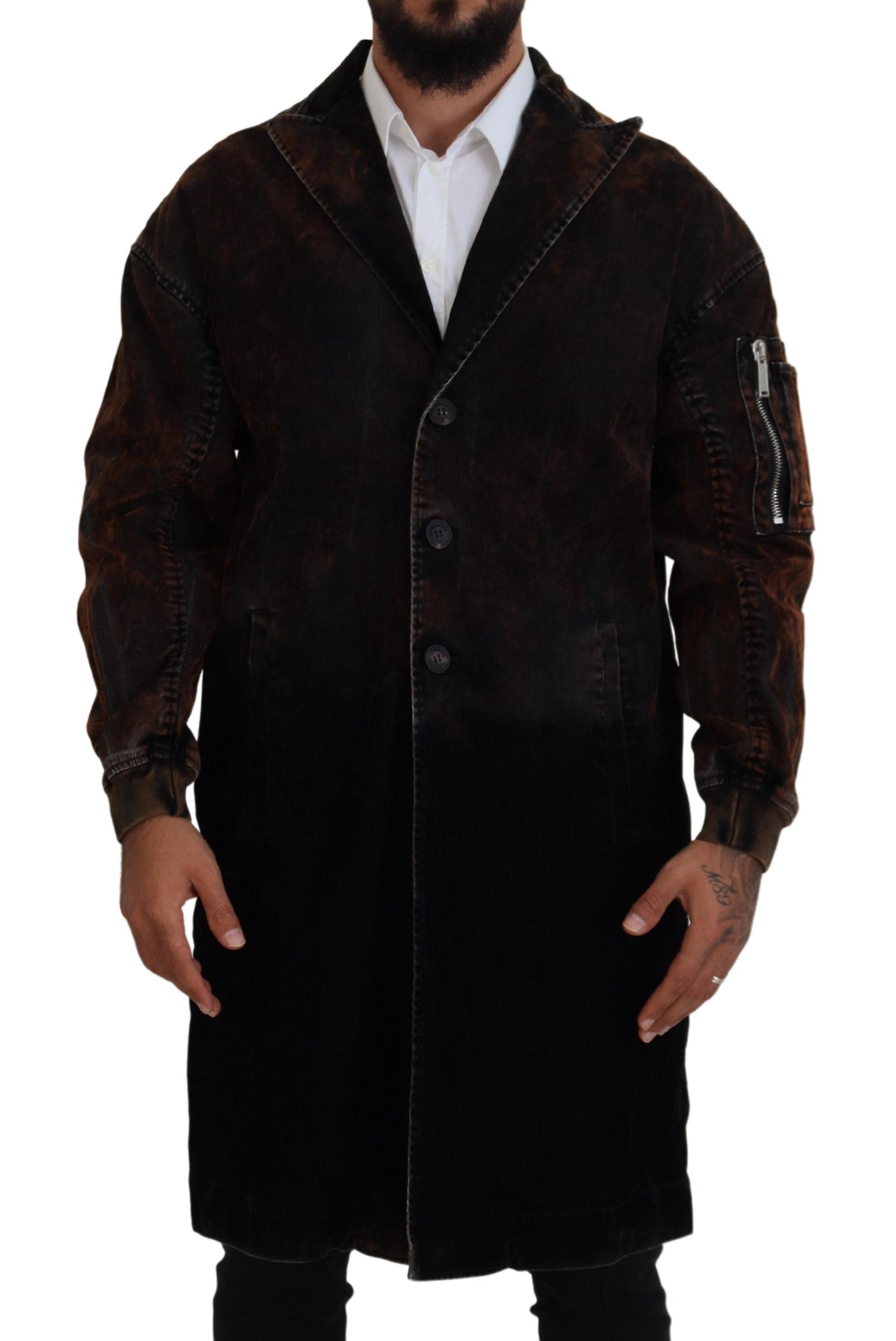 Manteau long marron pour homme, entièrement boutonné, en coton