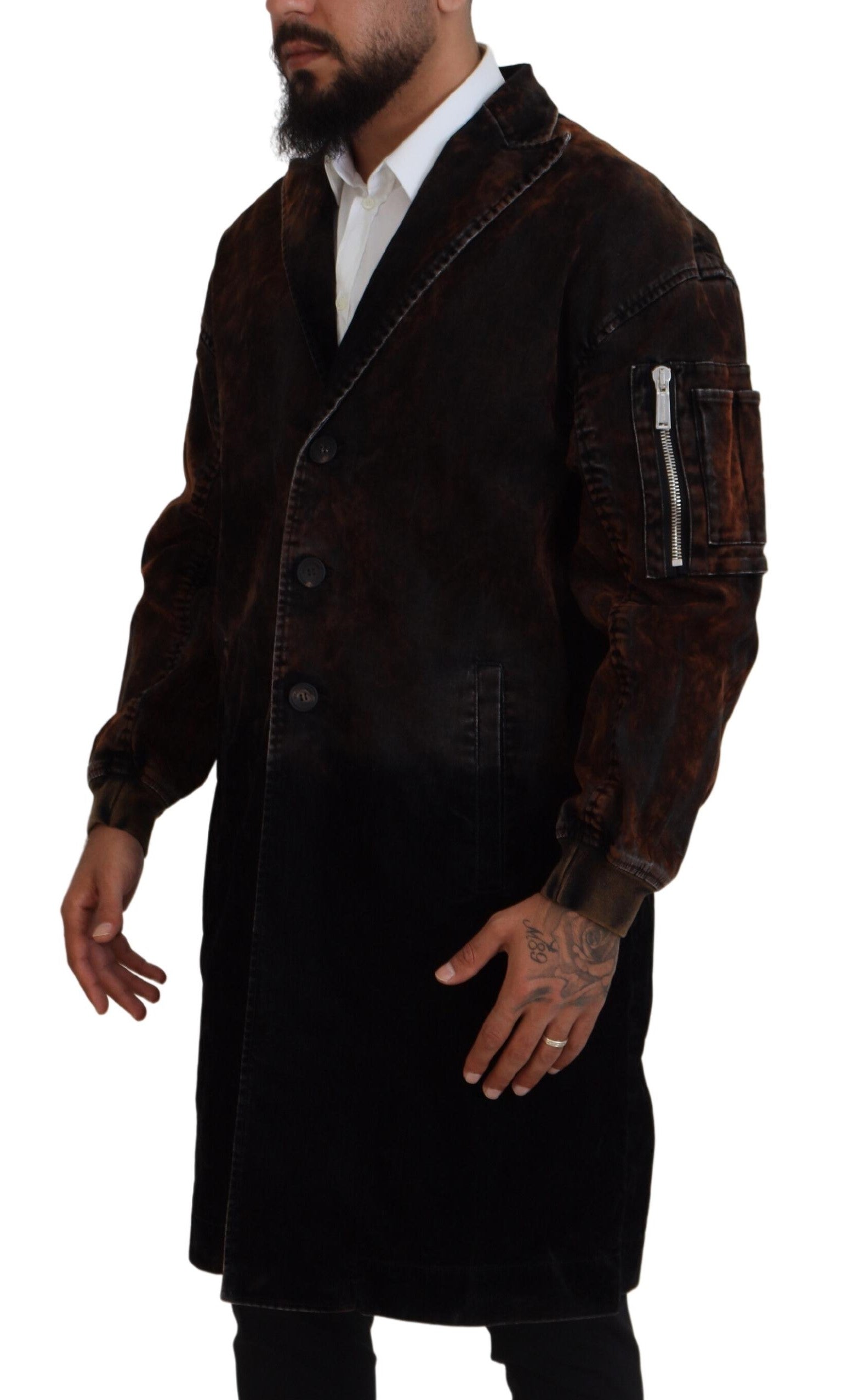 Manteau long marron pour homme, entièrement boutonné, en coton