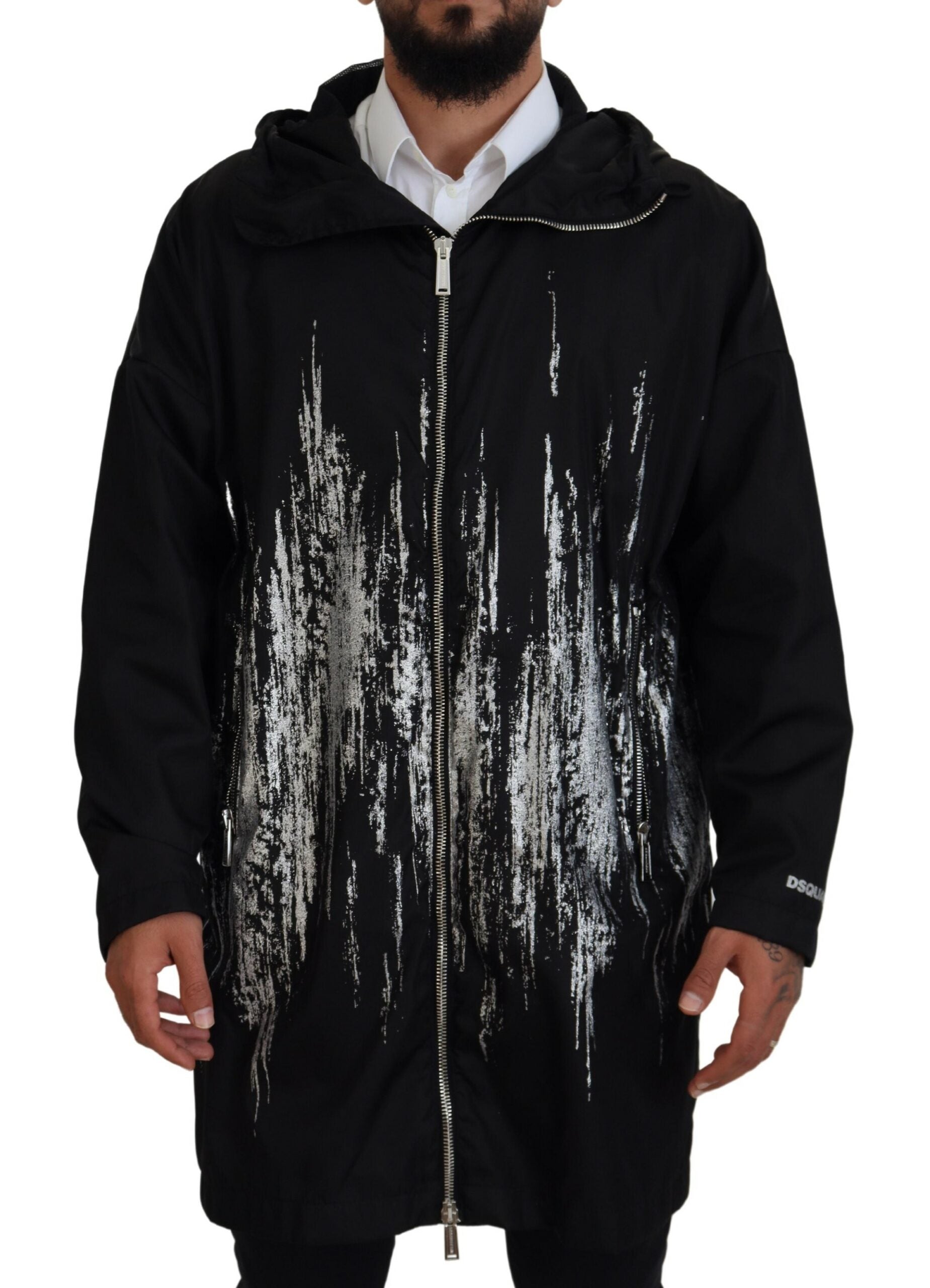 Schwarz-weißer synthetischer, langer Mantel mit Kapuze und Print
