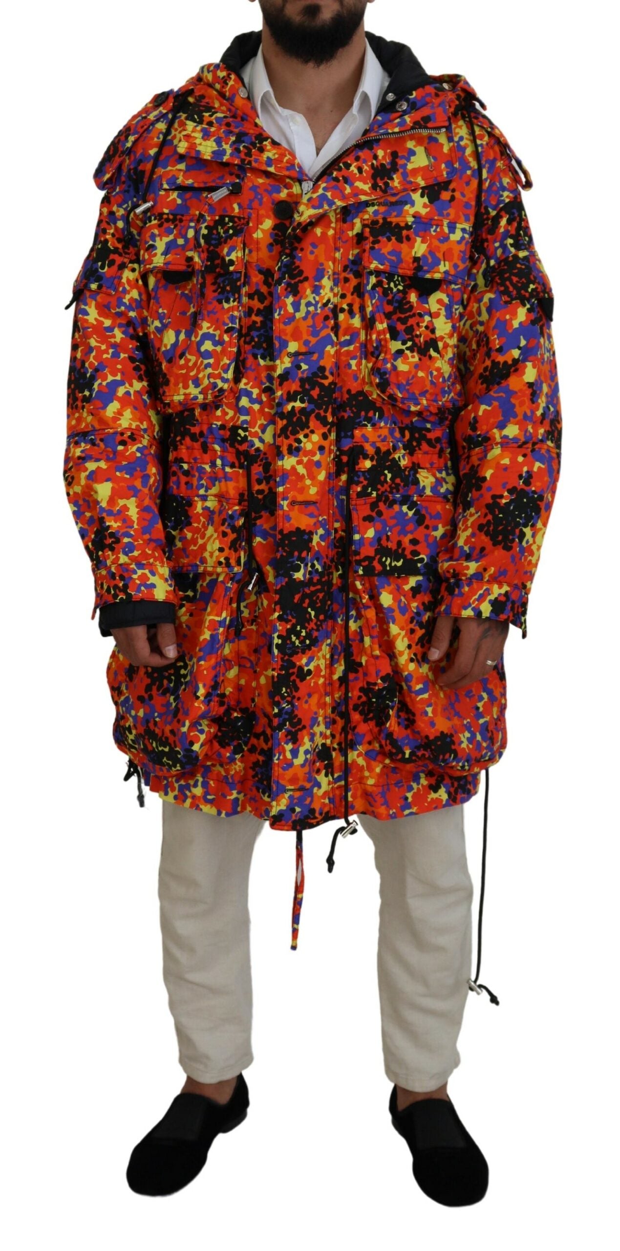 Manteau cargo long à capuche multicolore avec poches