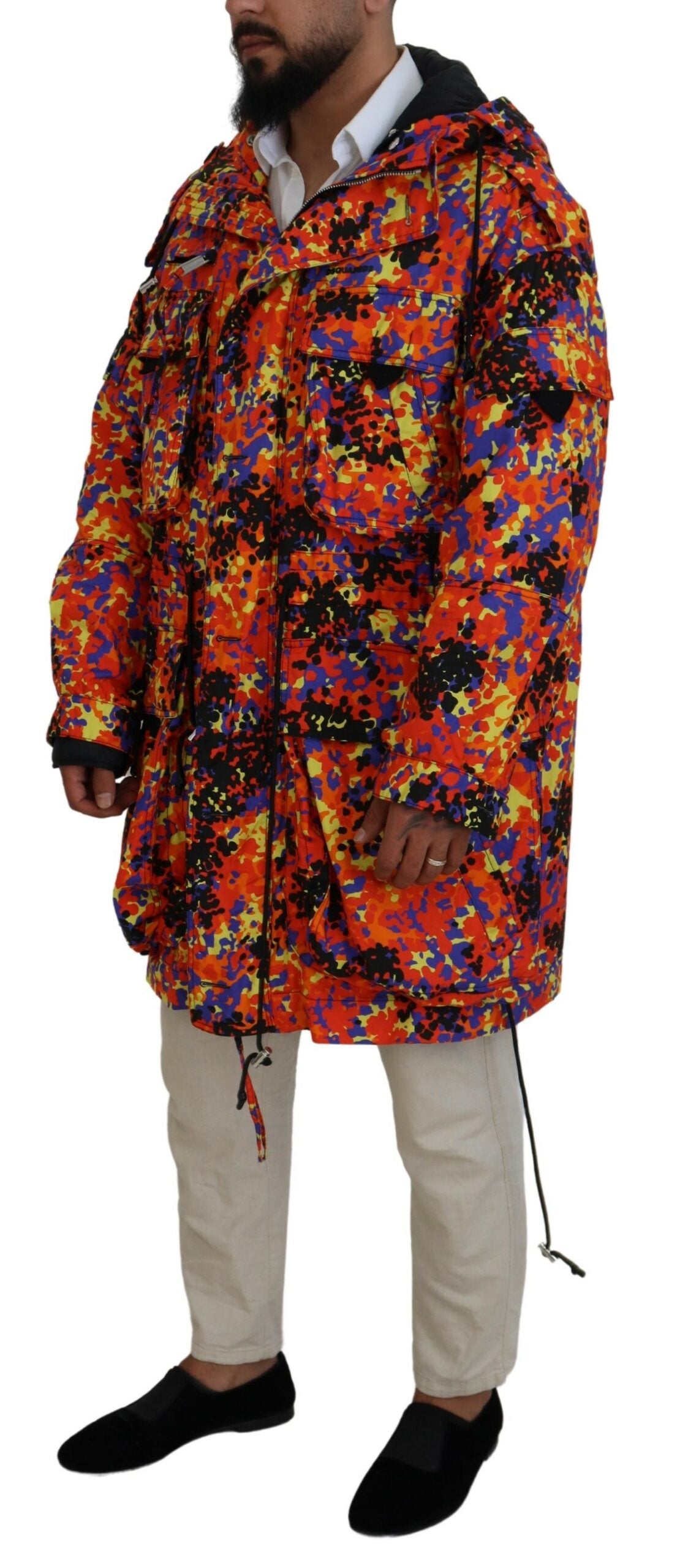 Manteau cargo long à capuche multicolore avec poches