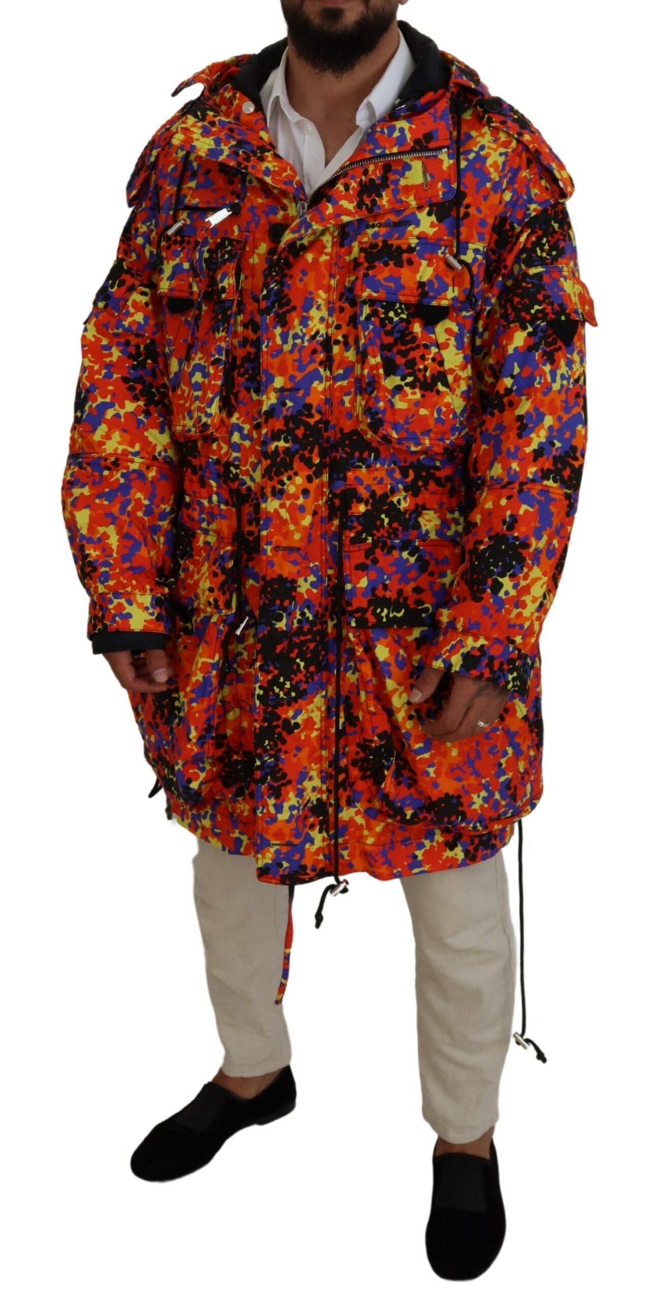 Manteau cargo long à capuche multicolore avec poches