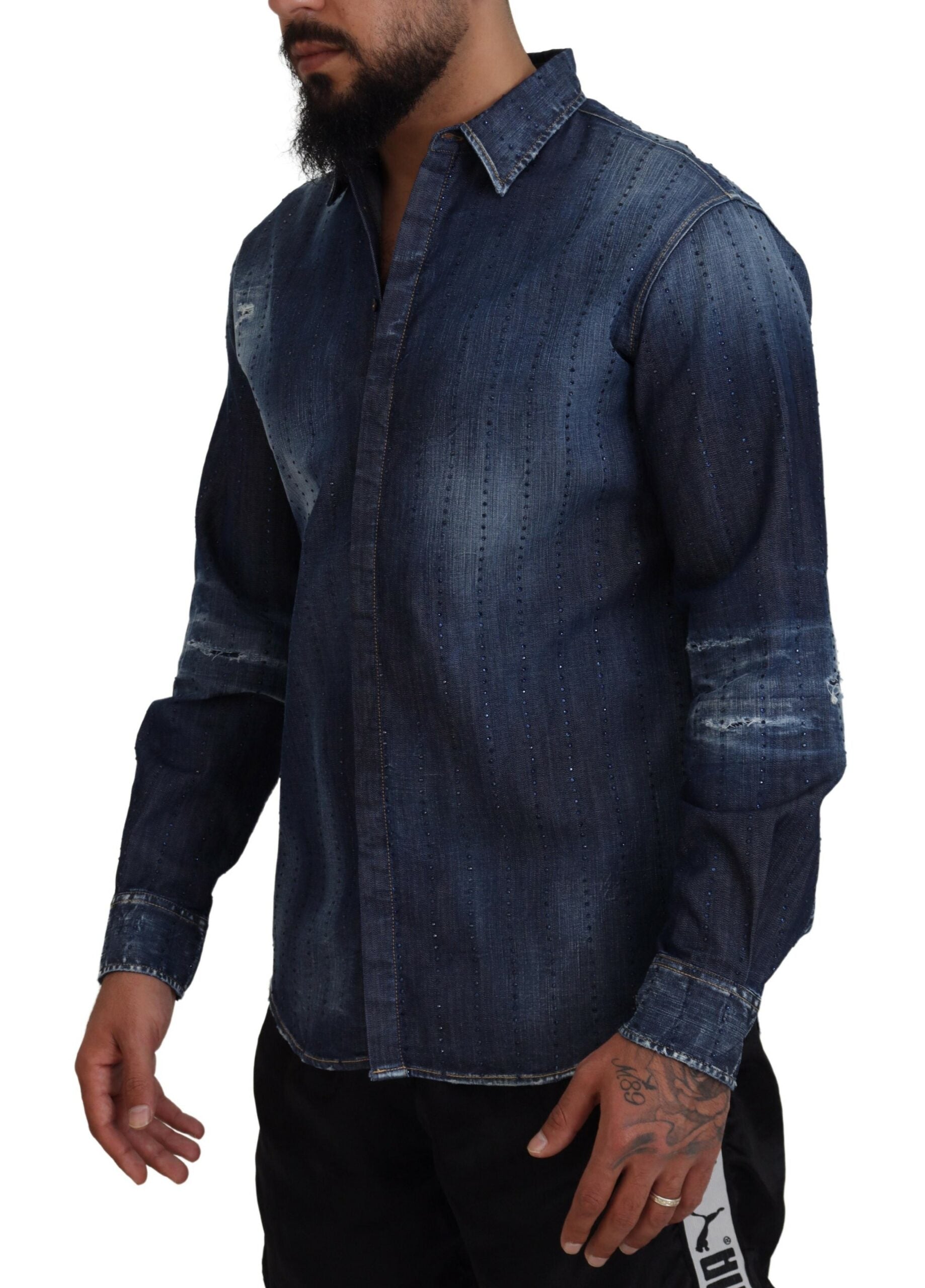 Blaues Jeanshemd aus Baumwolle mit aufwendig zerrissenen Details