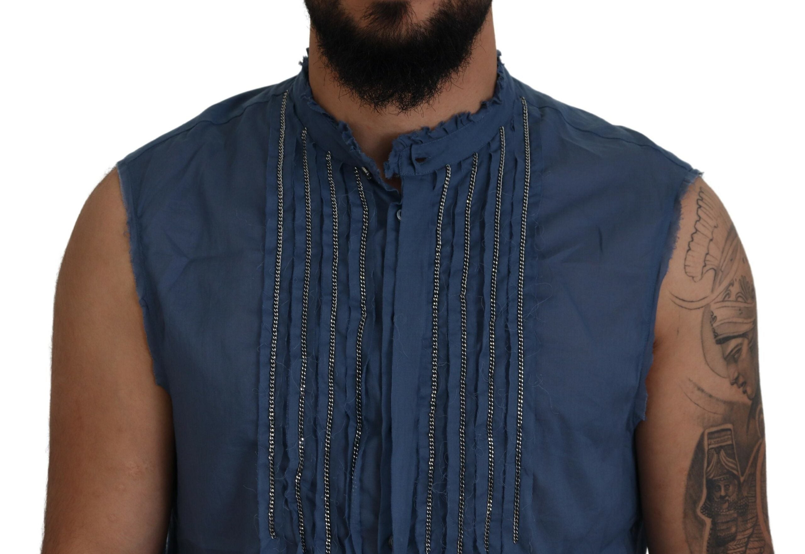 Chemise sans manches en coton bleu ornée d'une chaînette
