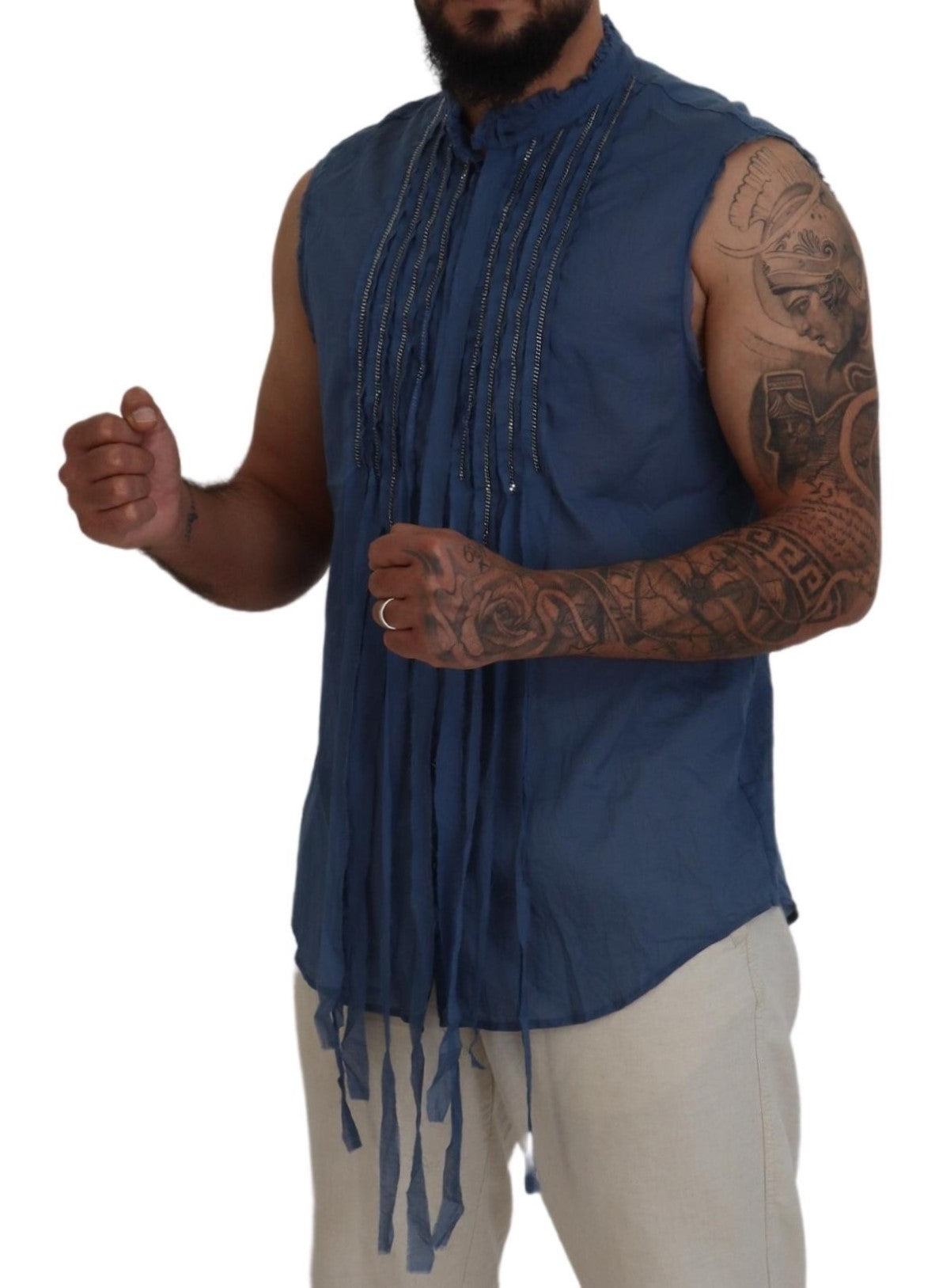 Chemise sans manches en coton bleu ornée d'une chaînette
