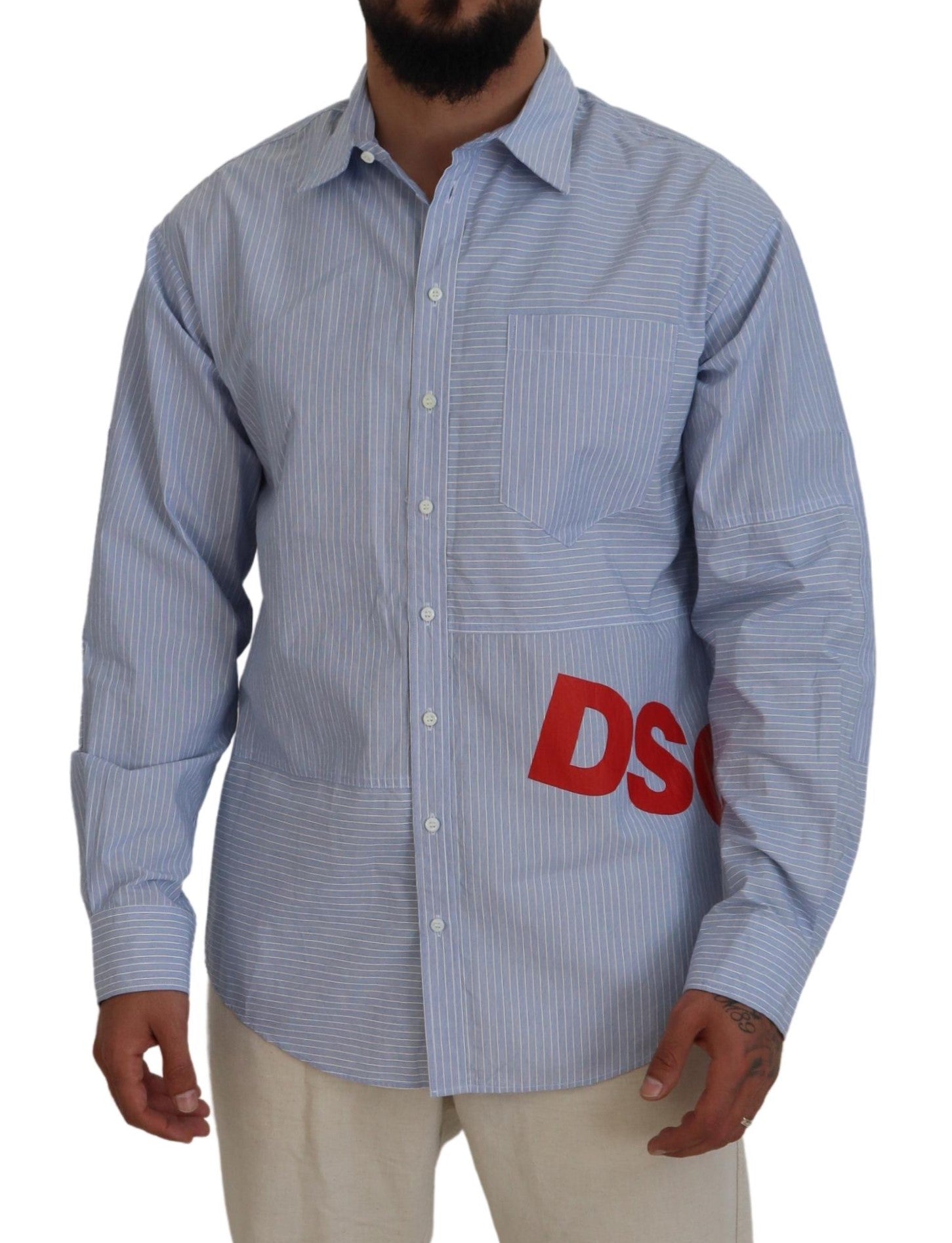 Blaues Baumwollhemd von Dsquared² mit Streifen und Logo-Print