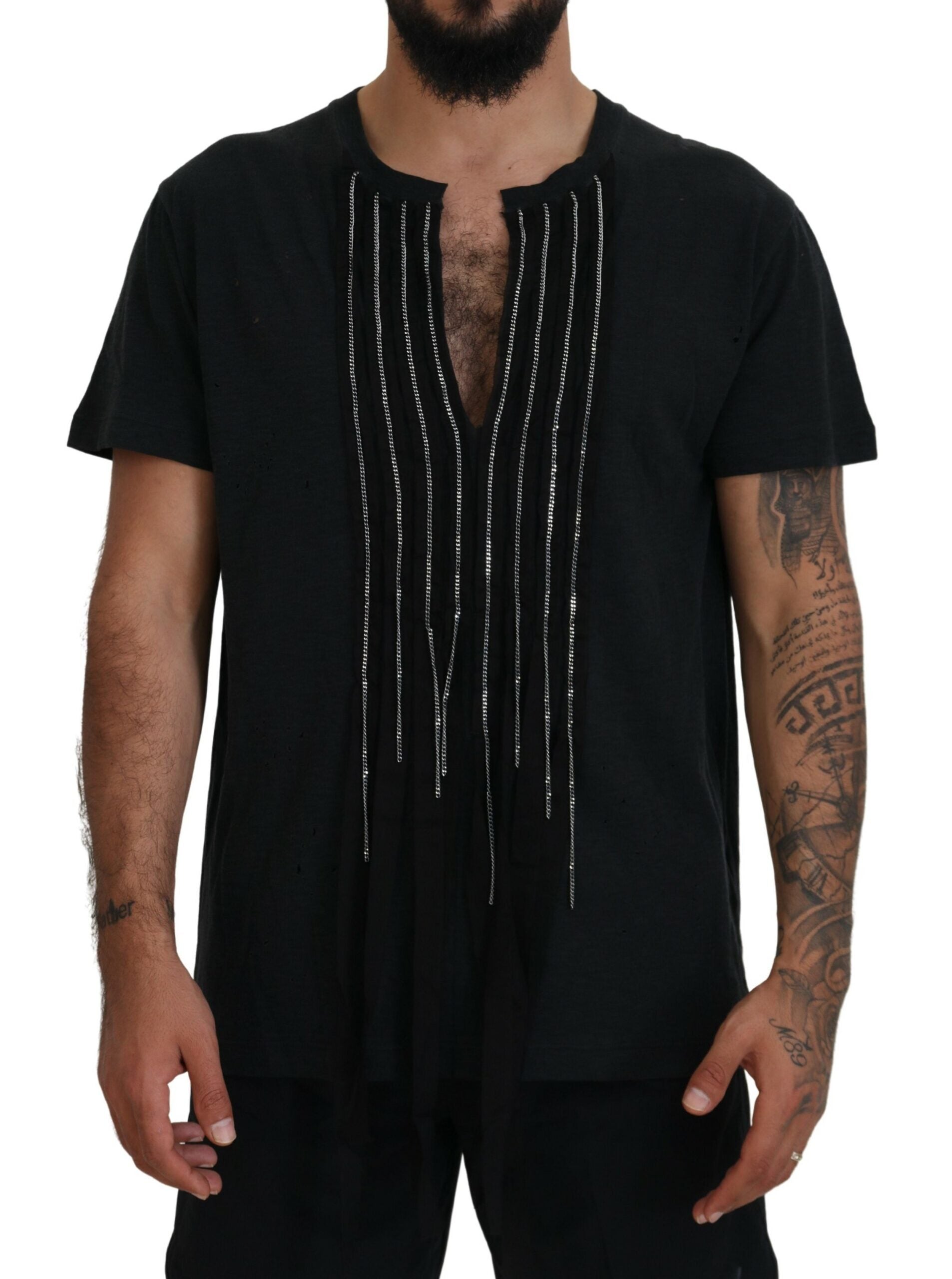 Schwarzes Baumwoll-T-Shirt mit Kettendetail