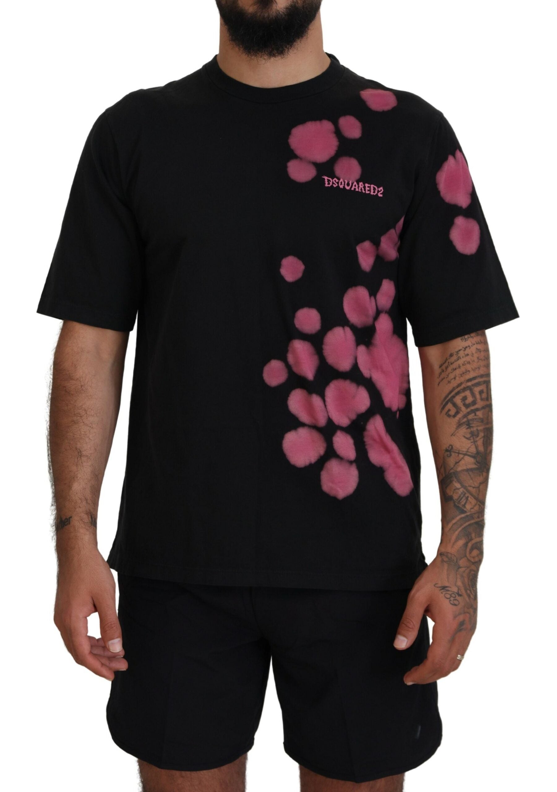 Schwarz-rosa Baumwoll-Rundhals-T-Shirt mit kurzen Ärmeln