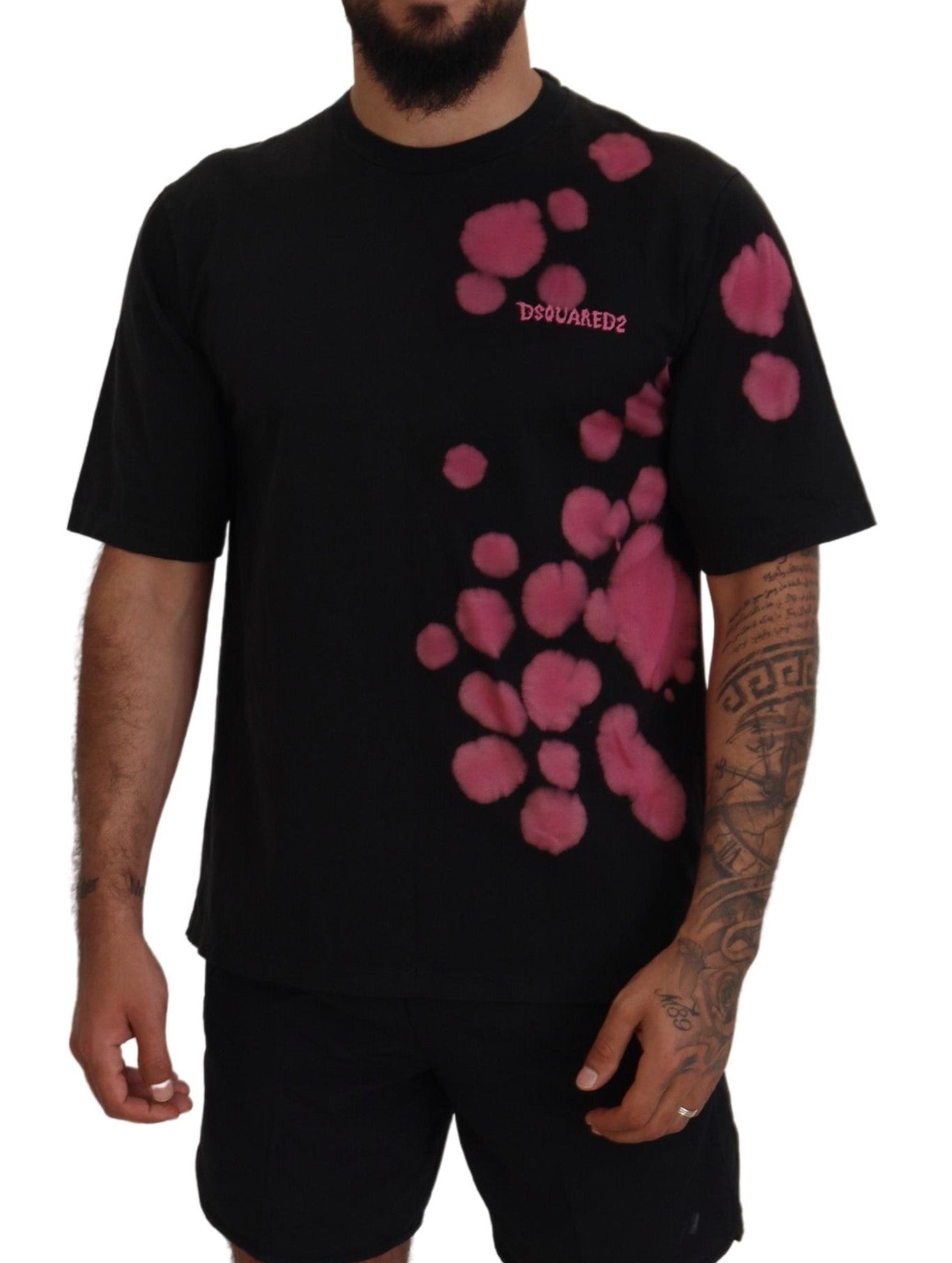 T-shirt à manches courtes et col rond en coton noir et rose