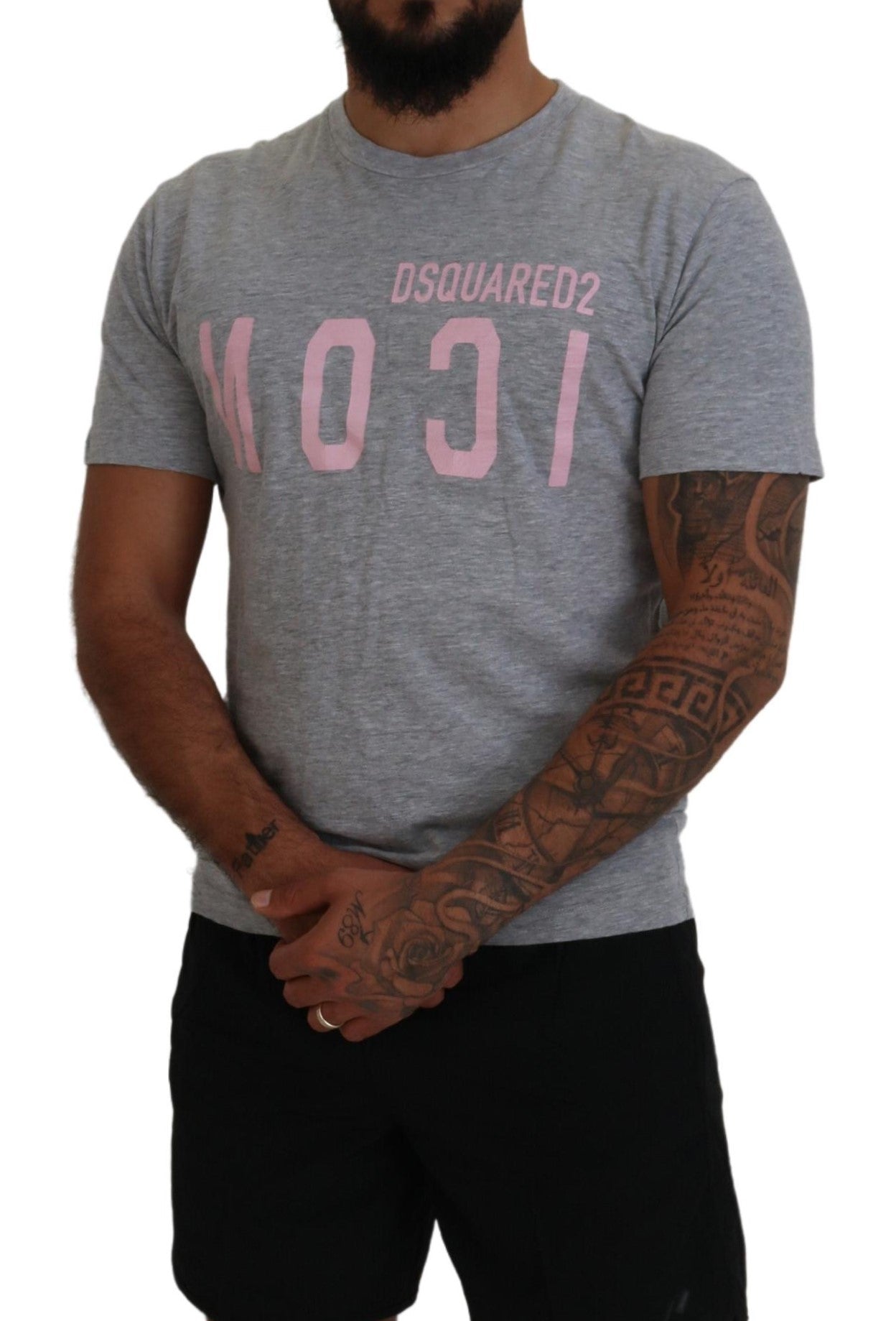 T-shirt gris à manches courtes et col rond en coton avec logo