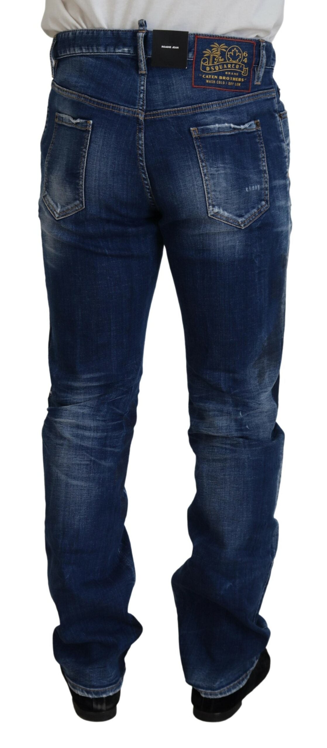 Jean droit en denim bleu délavé à patchwork