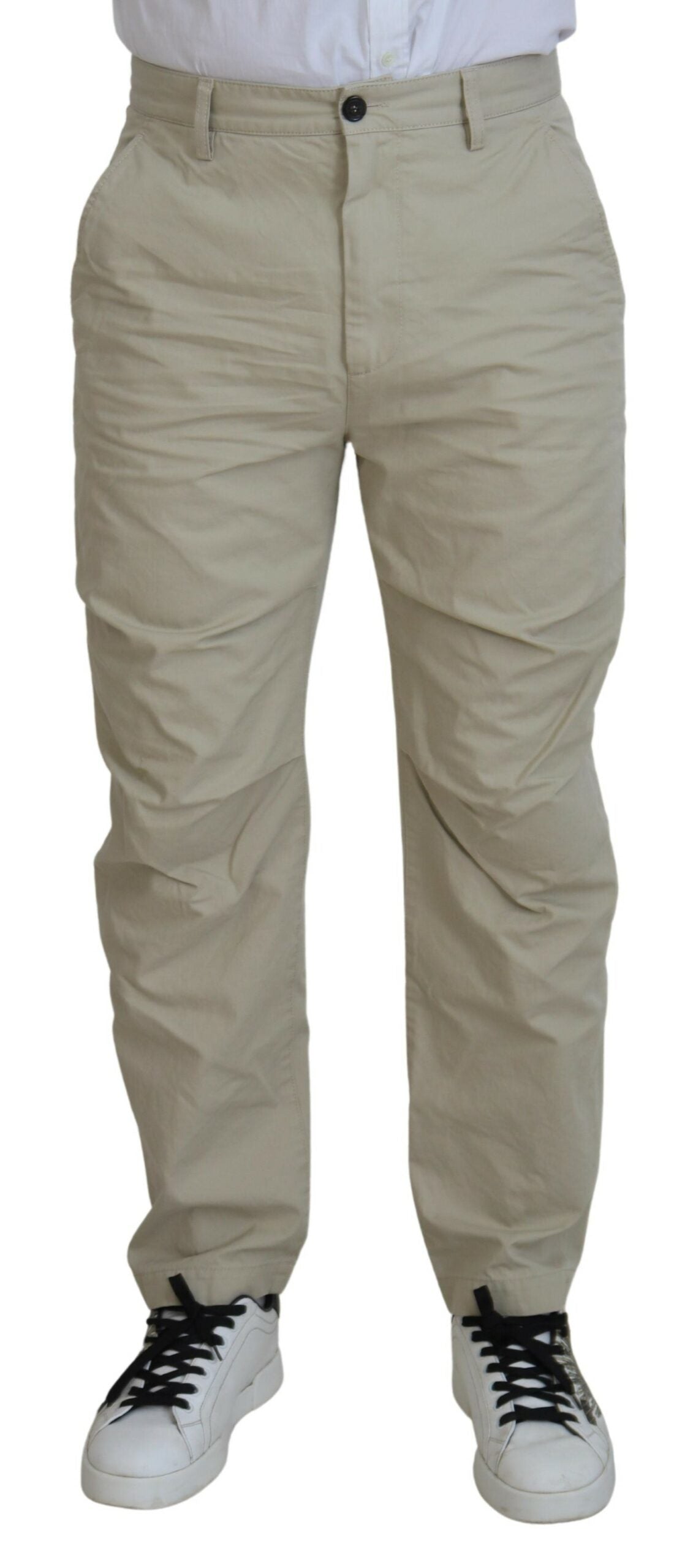 Beige Cotton Casual Pants Straight Fit