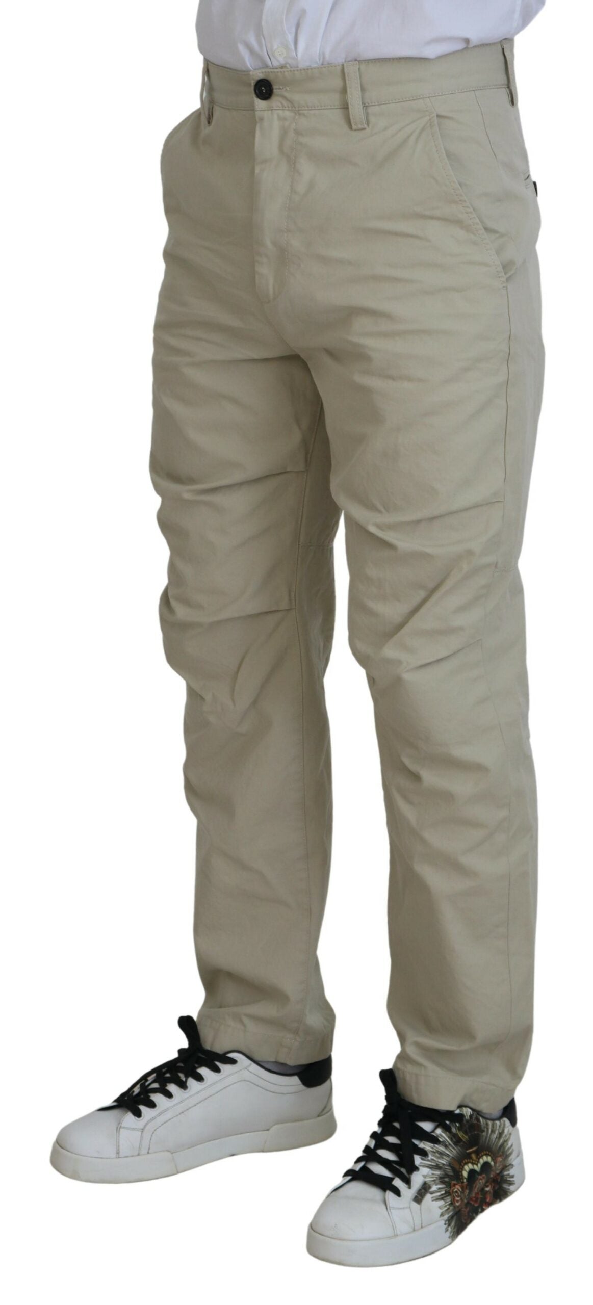 Beige Cotton Casual Pants Straight Fit