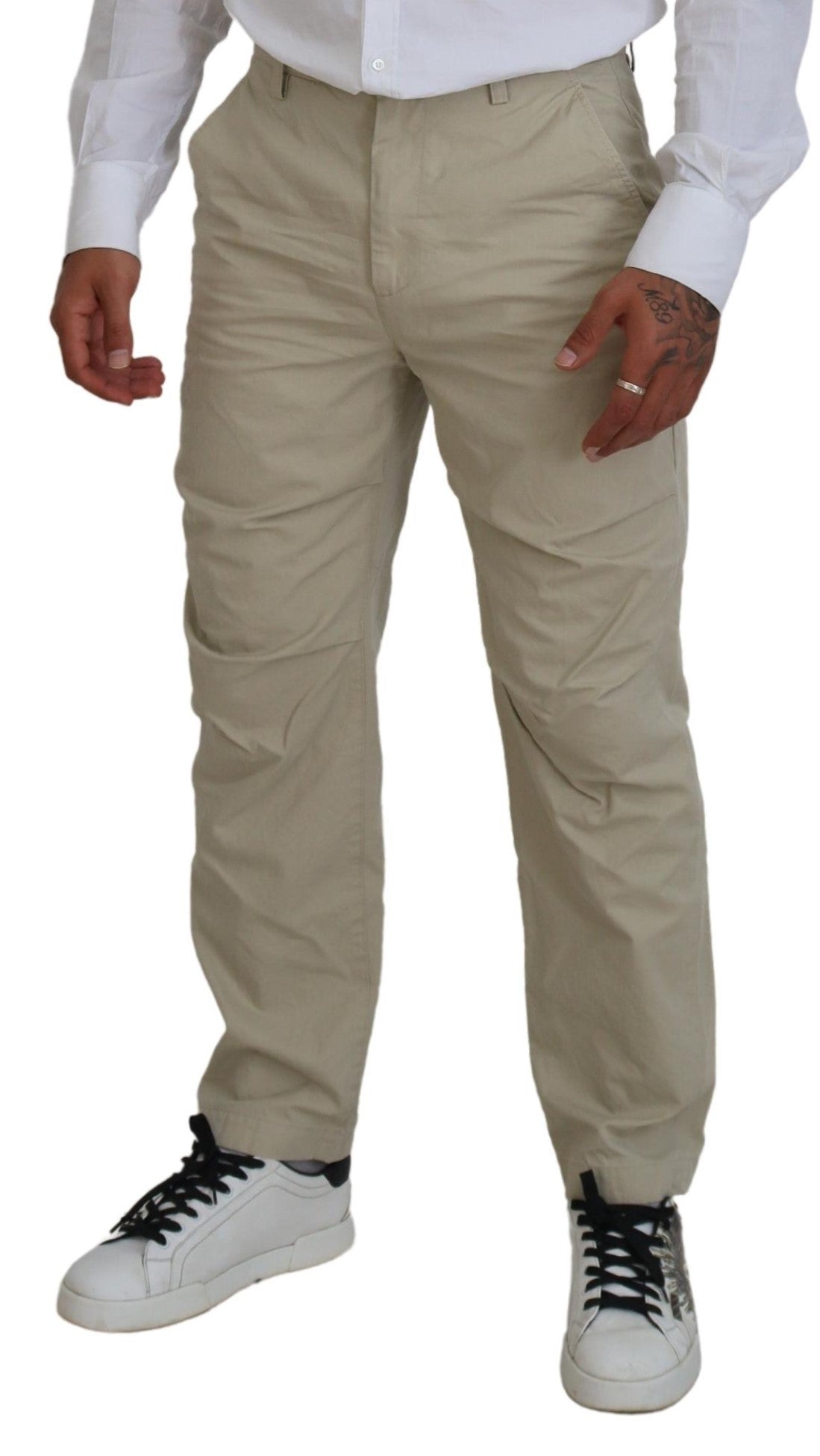 Pantalon décontracté beige en coton, coupe droite, pour homme