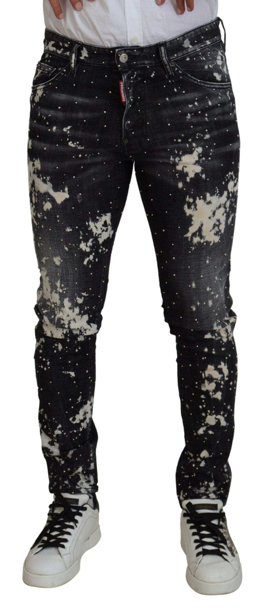 Schwarze Jeans aus gewaschener Baumwolle mit weißen Farbspritzern