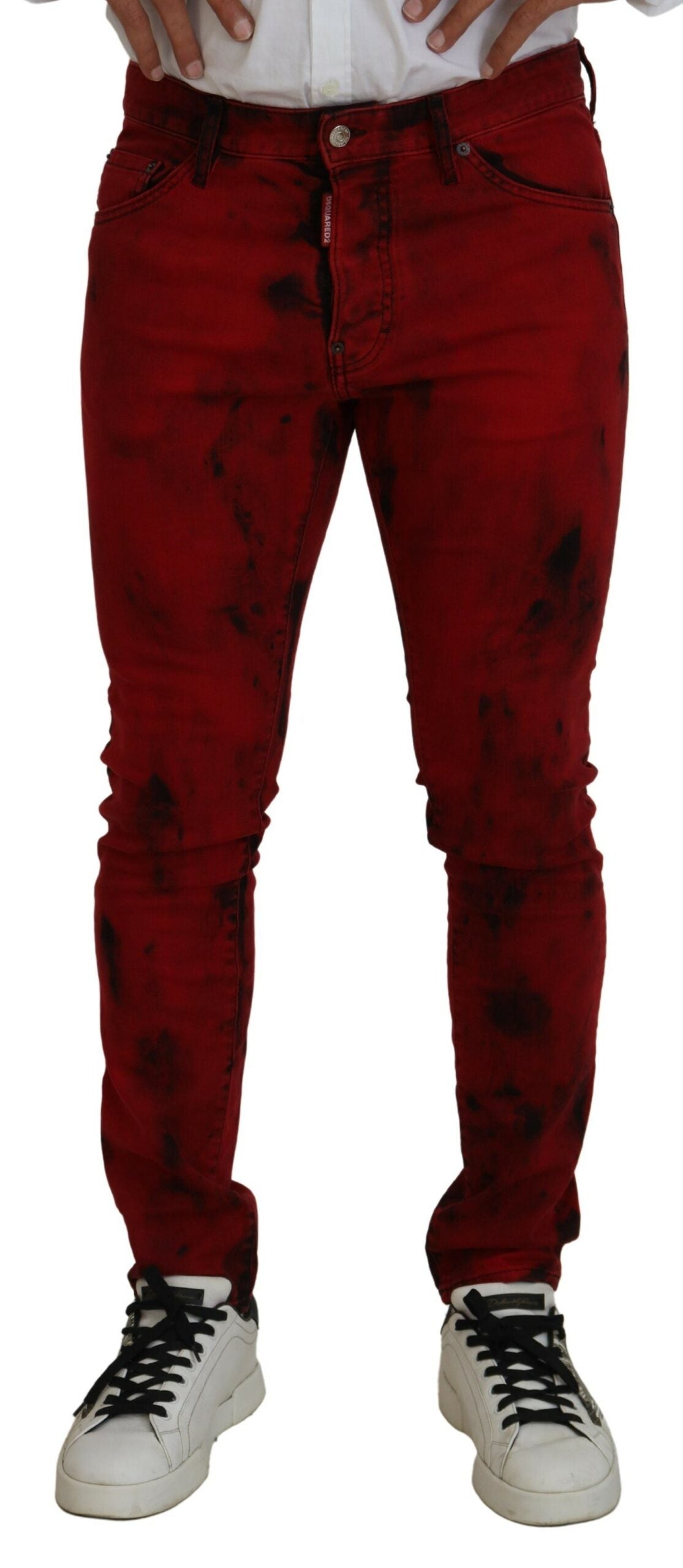 Jean skinny décontracté en denim rouge tie-dye pour homme