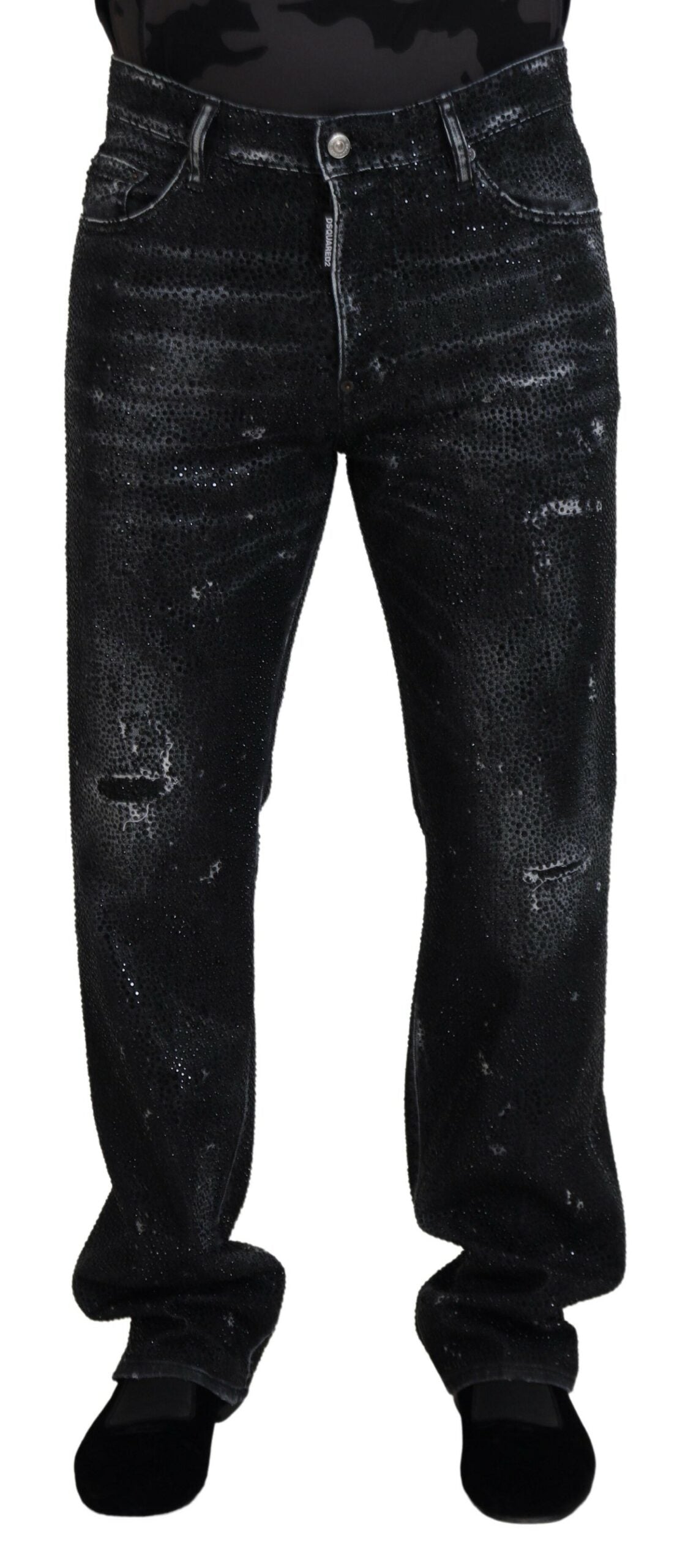 Schwarze Jeans aus Baumwolle mit Kristallverzierungen und Used-Details