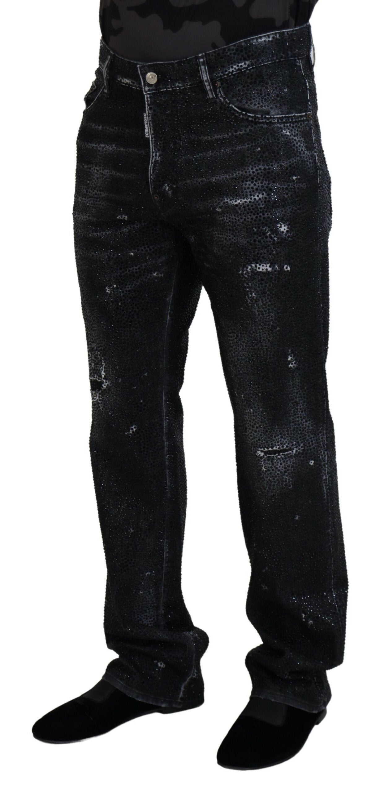 Schwarze Jeans aus Baumwolle mit Kristallverzierungen und Used-Details