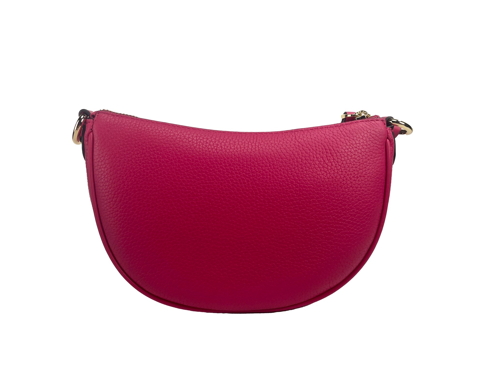 Dover Small Pink Half Moon Crossbody Bag PurseStyle: Michael Kors Dover Small Half Moon Crossbody Bag (Electric Pink) Material: Pebbled Leather Features: 3 Inner Card Slots, Adjustable Crossbody Strap, Jacquard Lining, Zip Closure, Outer Slip Pocket Measu