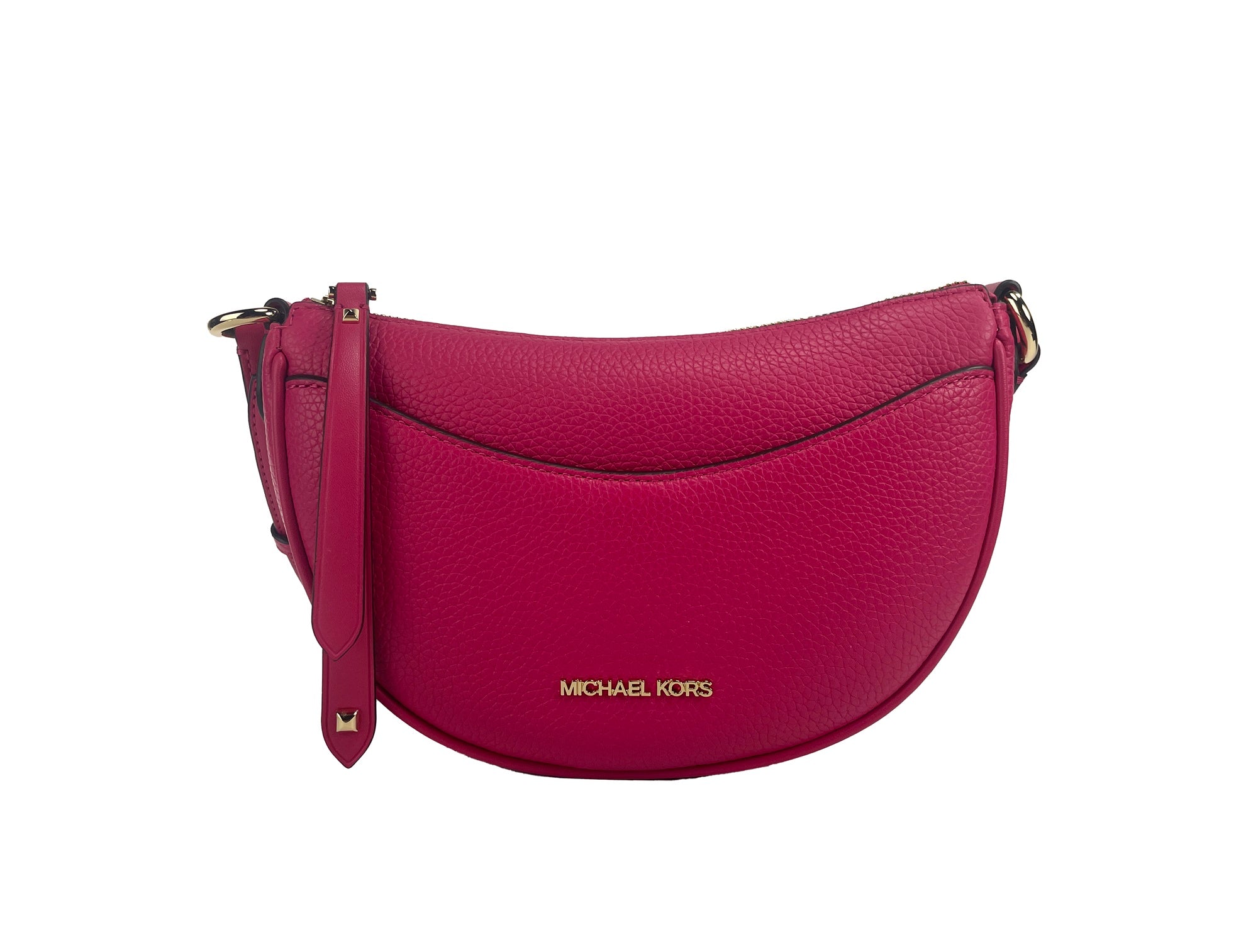 Dover Small Pink Half Moon Crossbody Bag PurseStyle: Michael Kors Dover Small Half Moon Crossbody Bag (Electric Pink) Material: Pebbled Leather Features: 3 Inner Card Slots, Adjustable Crossbody Strap, Jacquard Lining, Zip Closure, Outer Slip Pocket Measu