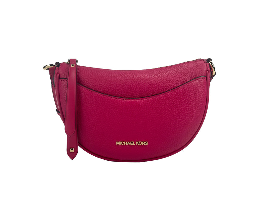 Dover Small Pink Half Moon Crossbody Bag PurseStyle: Michael Kors Dover Small Half Moon Crossbody Bag (Electric Pink) Material: Pebbled Leather Features: 3 Inner Card Slots, Adjustable Crossbody Strap, Jacquard Lining, Zip Closure, Outer Slip Pocket Measu