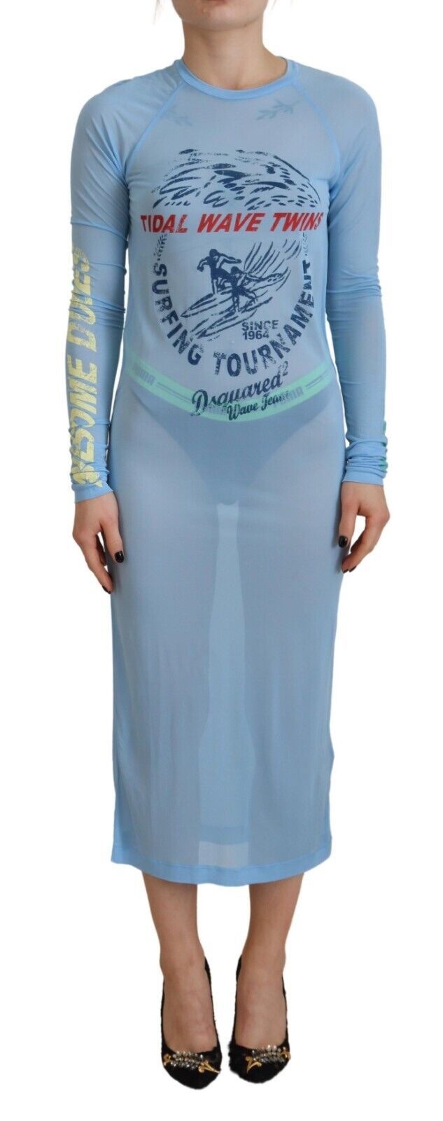 Blaues bedrucktes langärmeliges Strandkleid aus Synthetik