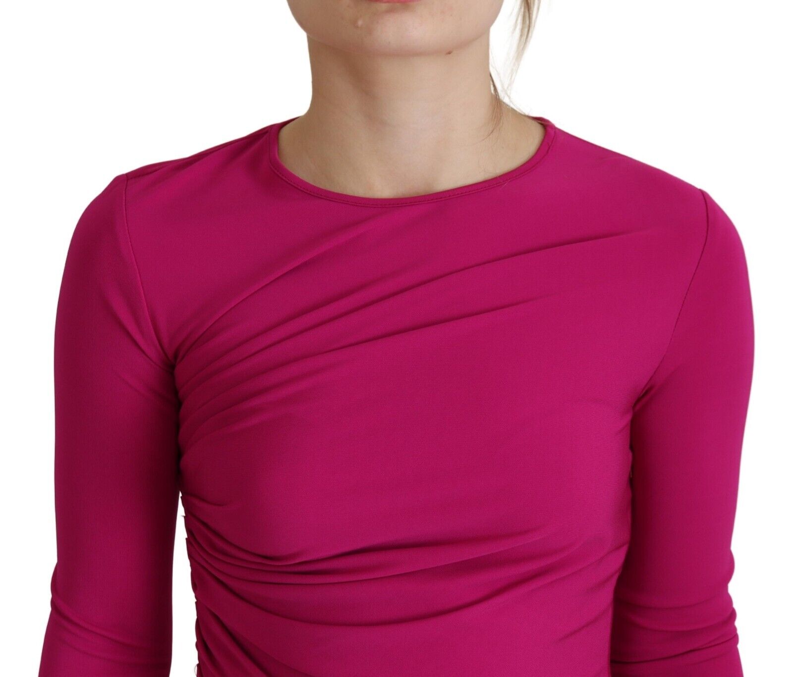 Mini-robe froncée à manches longues en viscose fuchsia
