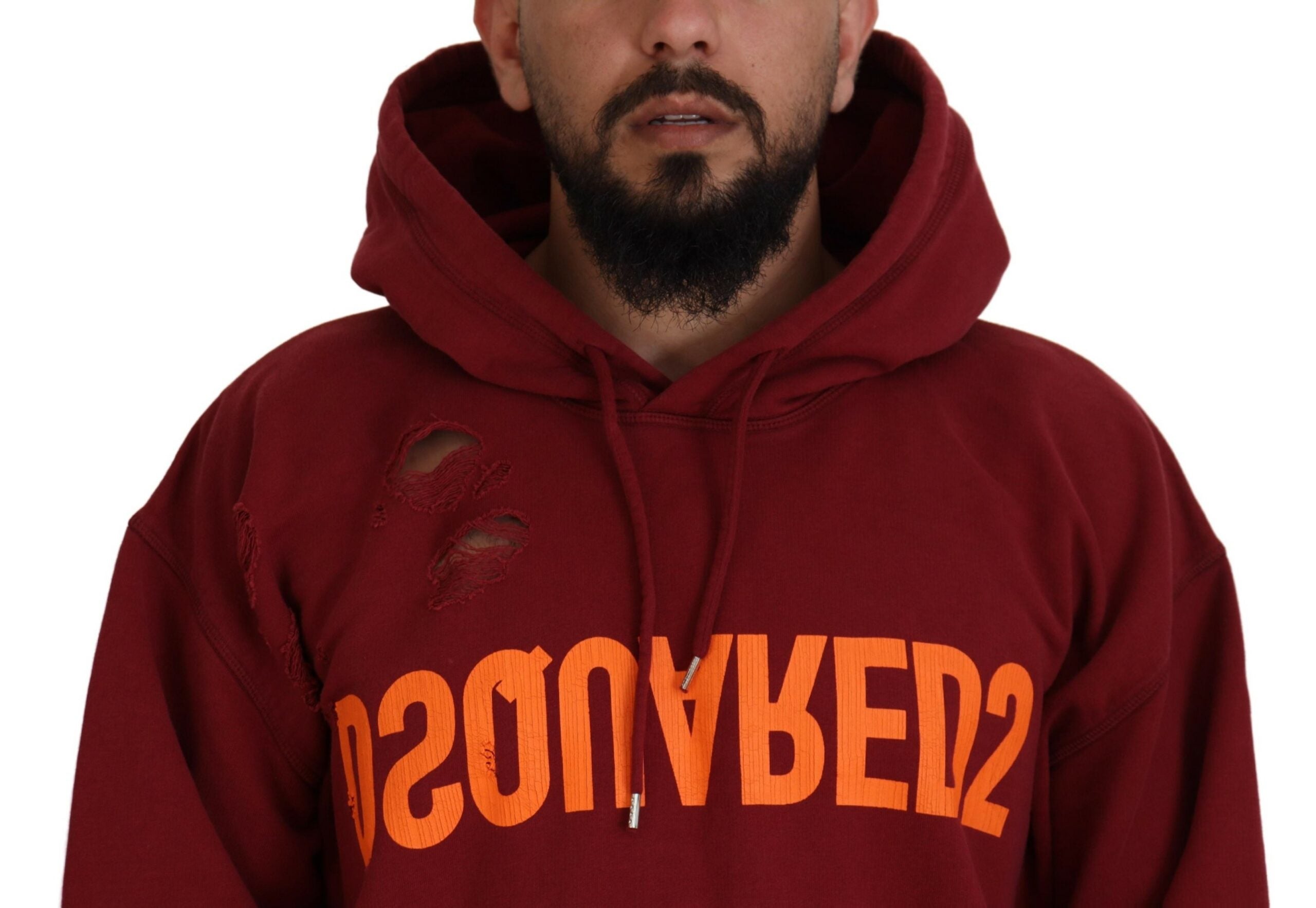 Pull à capuche imprimé en coton bordeaux à bords déchirés