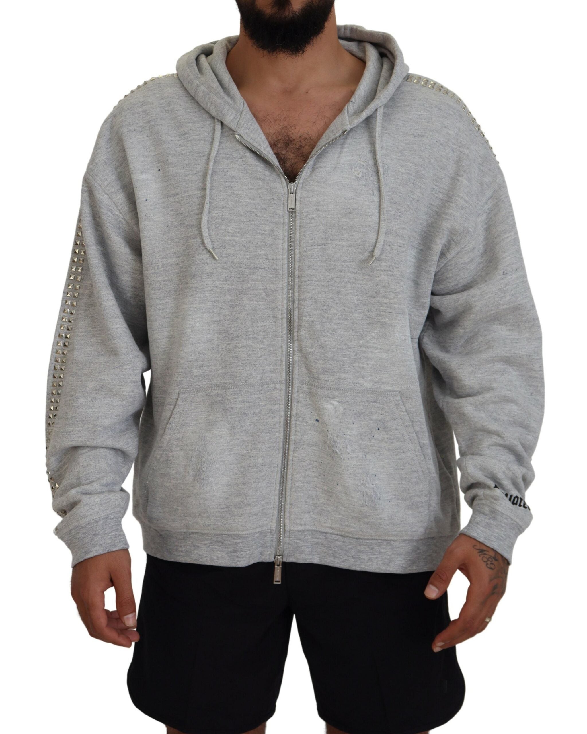 Pull gris à capuche imprimé orné de cristaux