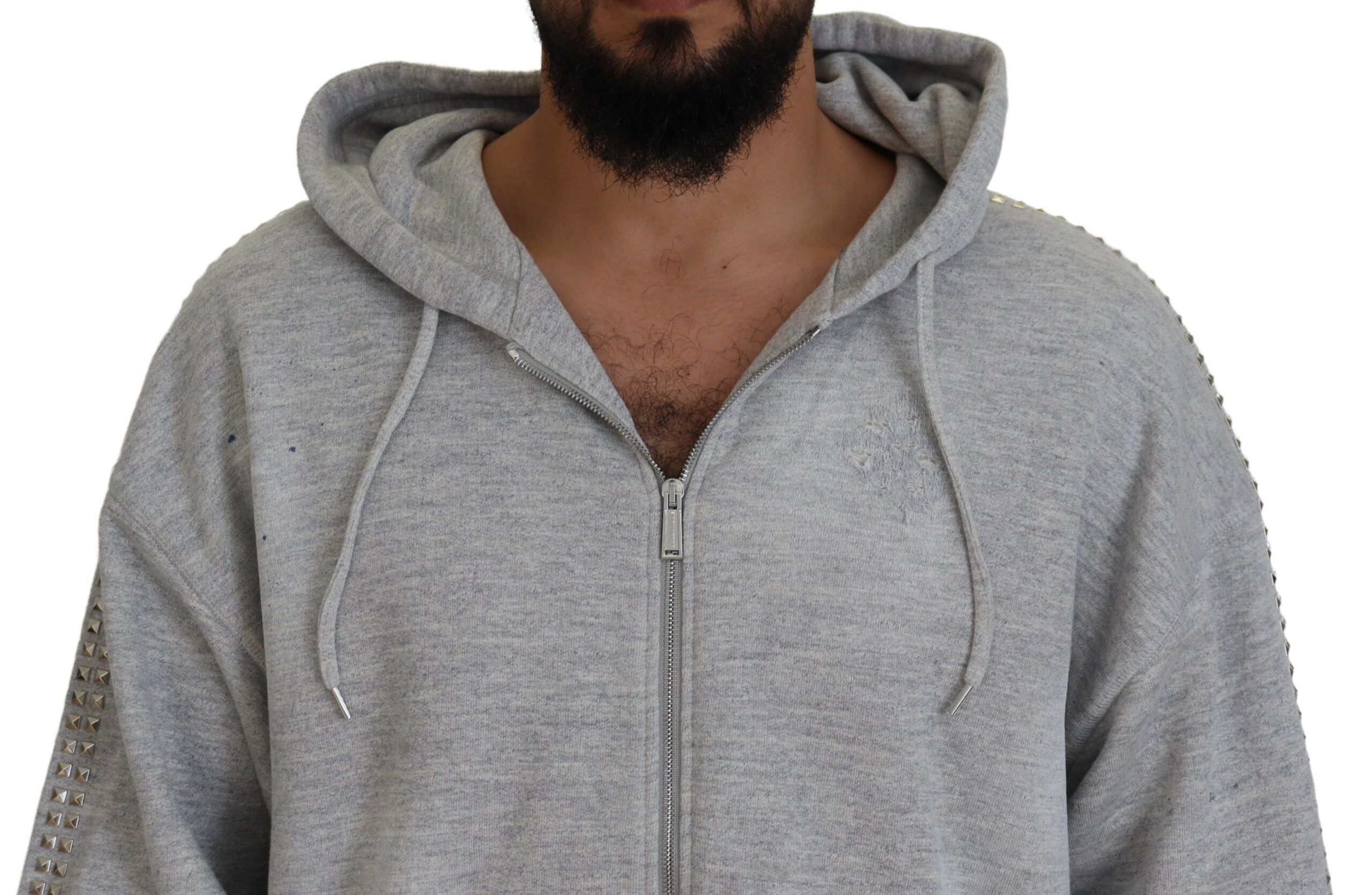 Pull gris à capuche imprimé orné de cristaux