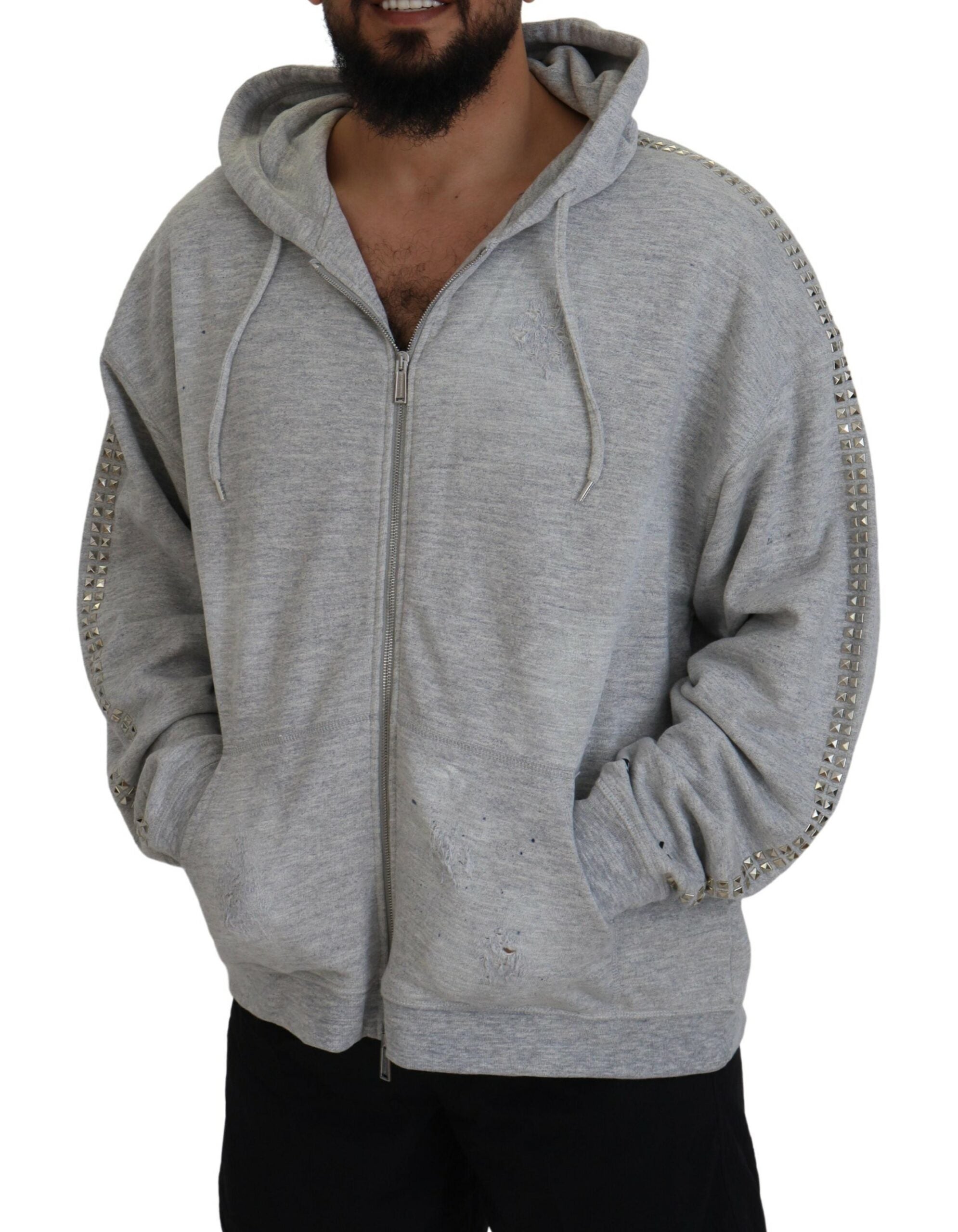 Pull gris à capuche imprimé orné de cristaux
